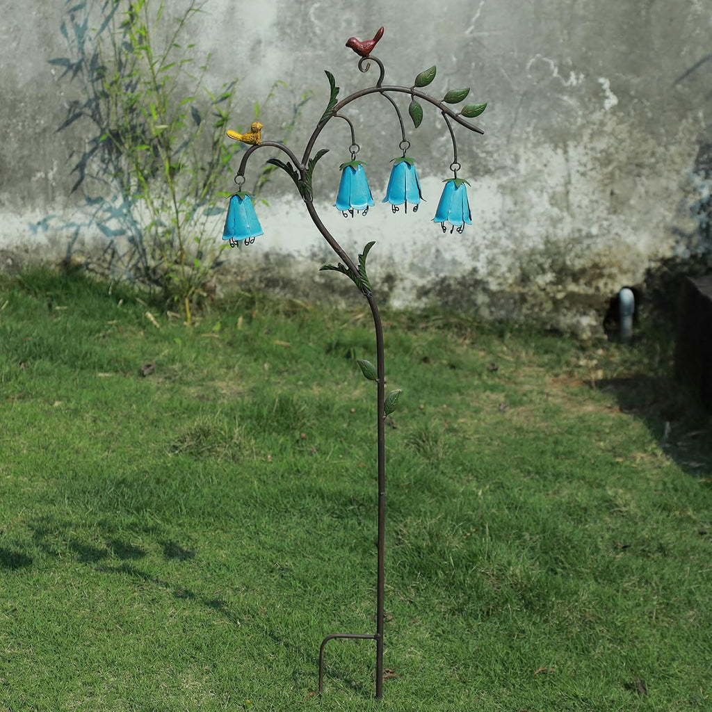 44.3"H Metal Decorative Garden Stake with Blue Bell Flowers & Birds | Metal Yard Art for Outdoor Yard Decor, Rustic