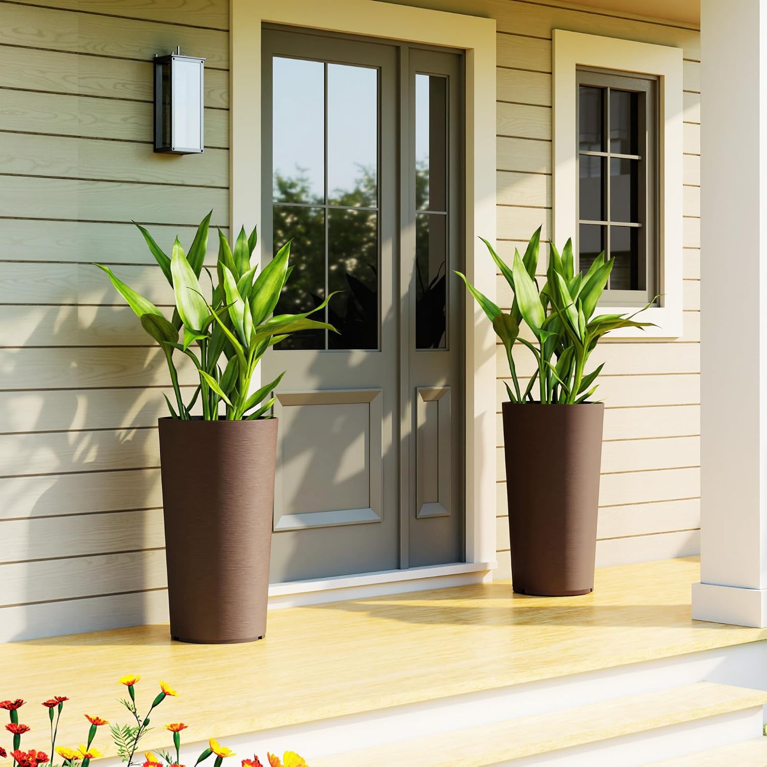 Outsunny 29 Inch Tall Planters for Outdoor Plants Set of 2, Brown | Plastic Flower Pots, DIY Drainage Holes, Stackable