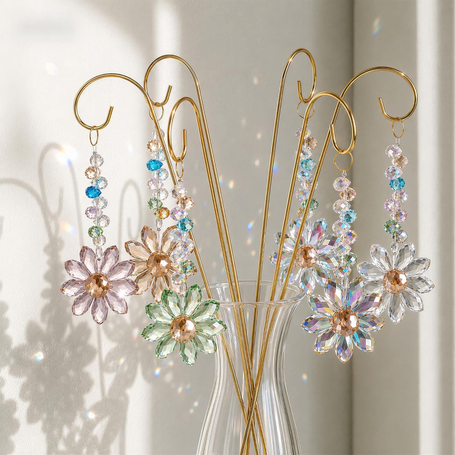 6 Pcs Colorful Crystal Sunflower Suncatcher Garden Stake with Trellis Decor | Crystal Sunflower Sun Catchers Garden