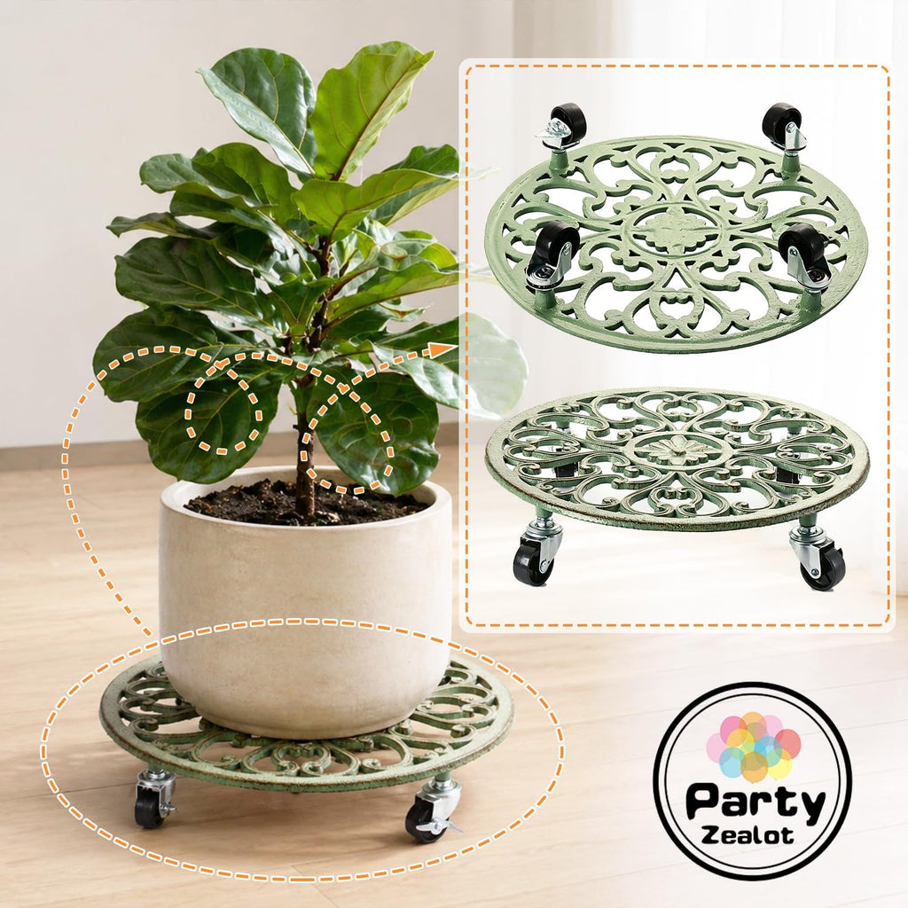 2 Pack Rolling Plant Caddy with Wheels Heavy Duty, 14 Inch Cast Iron Plant Rollers with Wheels, Planter Stand on Metal
