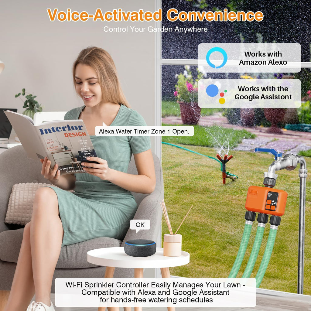 Smart WiFi Sprinkler Timer 3 Zone, Water Timer for Garden Hose Irrigation | 984 FT long range wireless connection with