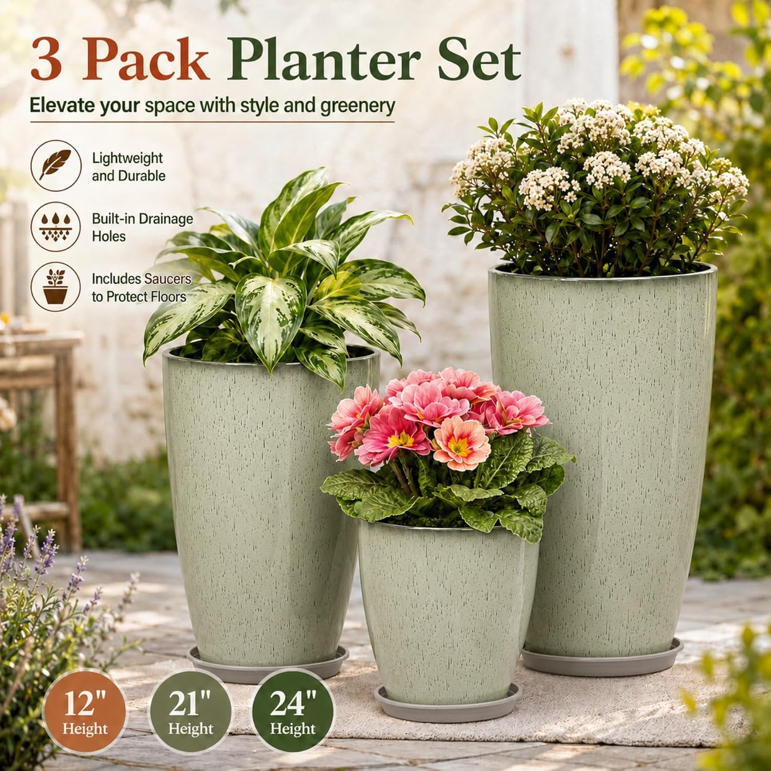 Neoaider Set of 3 Tall Planter, 24/21/12in Large Plastic Planter, DripGlaze | Ceramic-Look, Lightweight, Built-in Drain