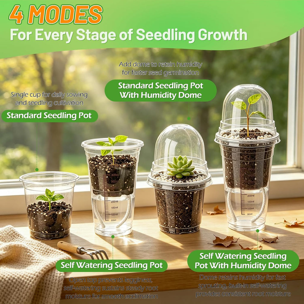 30 Pack 4" Self Watering Propagation Pots, Seed Starter Cups with Dome | Large Dual-Layer Clear Pots, Vent Dome