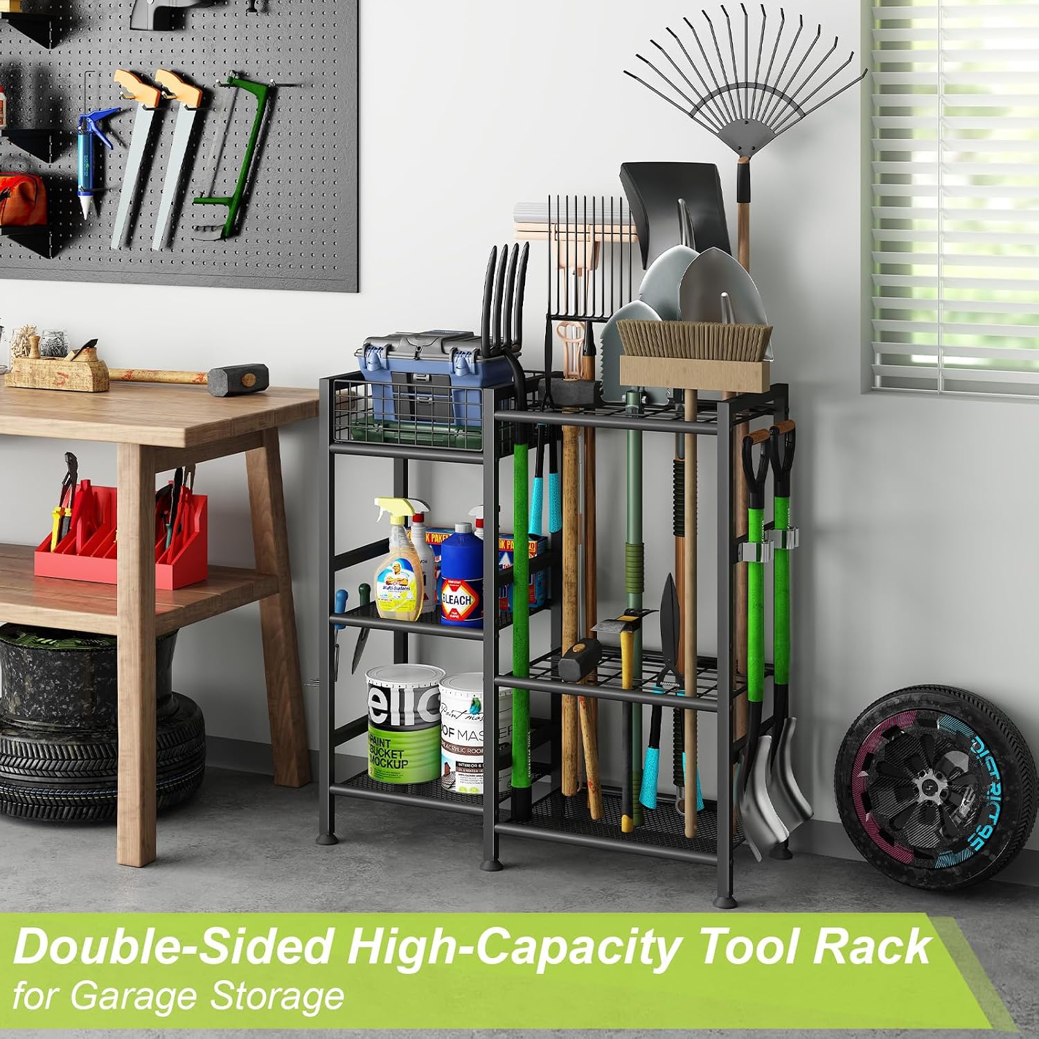 Garden Tool Organizer with Basket, 3-Tier Yard Storage Rack for Garage | 35 Long-Tool Slots: Steel rack adds 11 hooks
