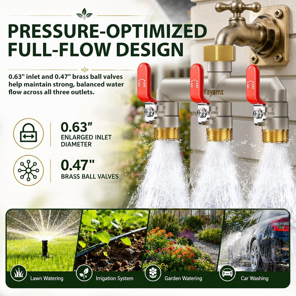 3 Way Garden Hose Splitter, 3/4" GHT Full Flow Hose Splitter | One-Piece Heavy Duty Full Brass Body with Shut-off