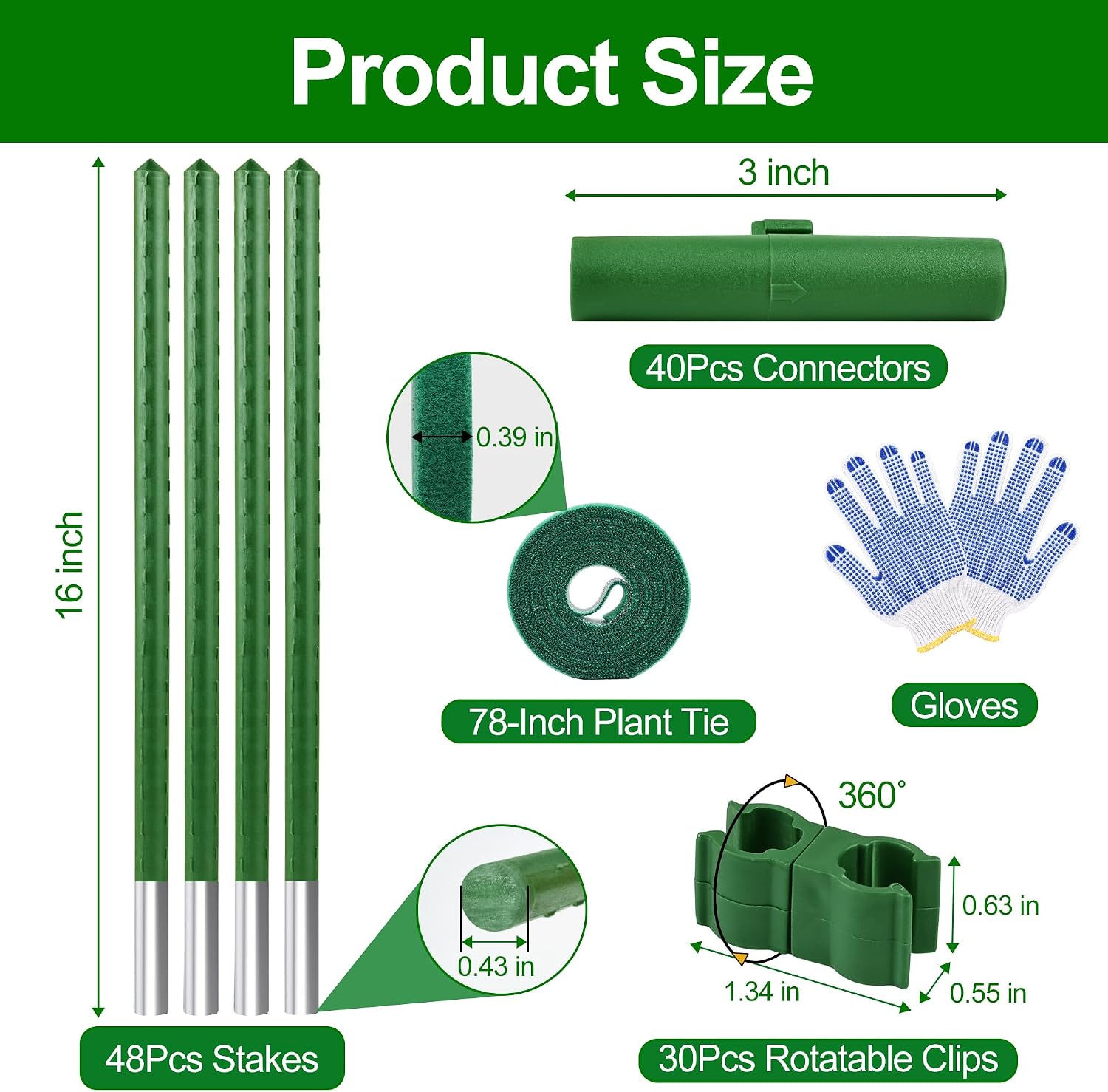 WAENLIR Garden Stakes16 Inch 48 Pack, Tomato cage DIY 4ft 5ft 6ft 7ft 8ft Plant Support Stakes with Connectors and