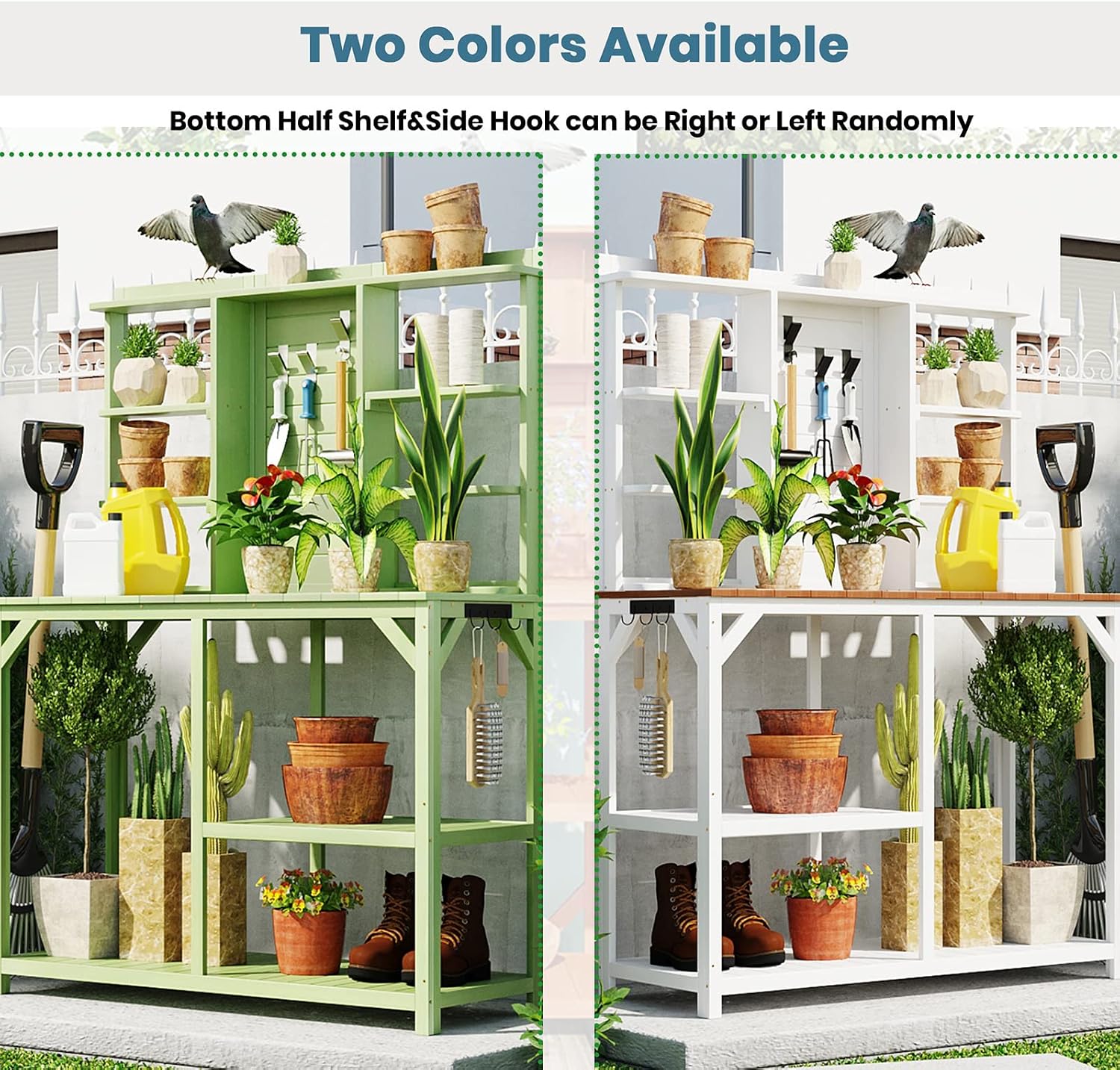 Outdoor Garden Potting Bench Table with 6-Tier Storage Shelves and Side Hook, 64.6" Large Wooden Patio Work Station