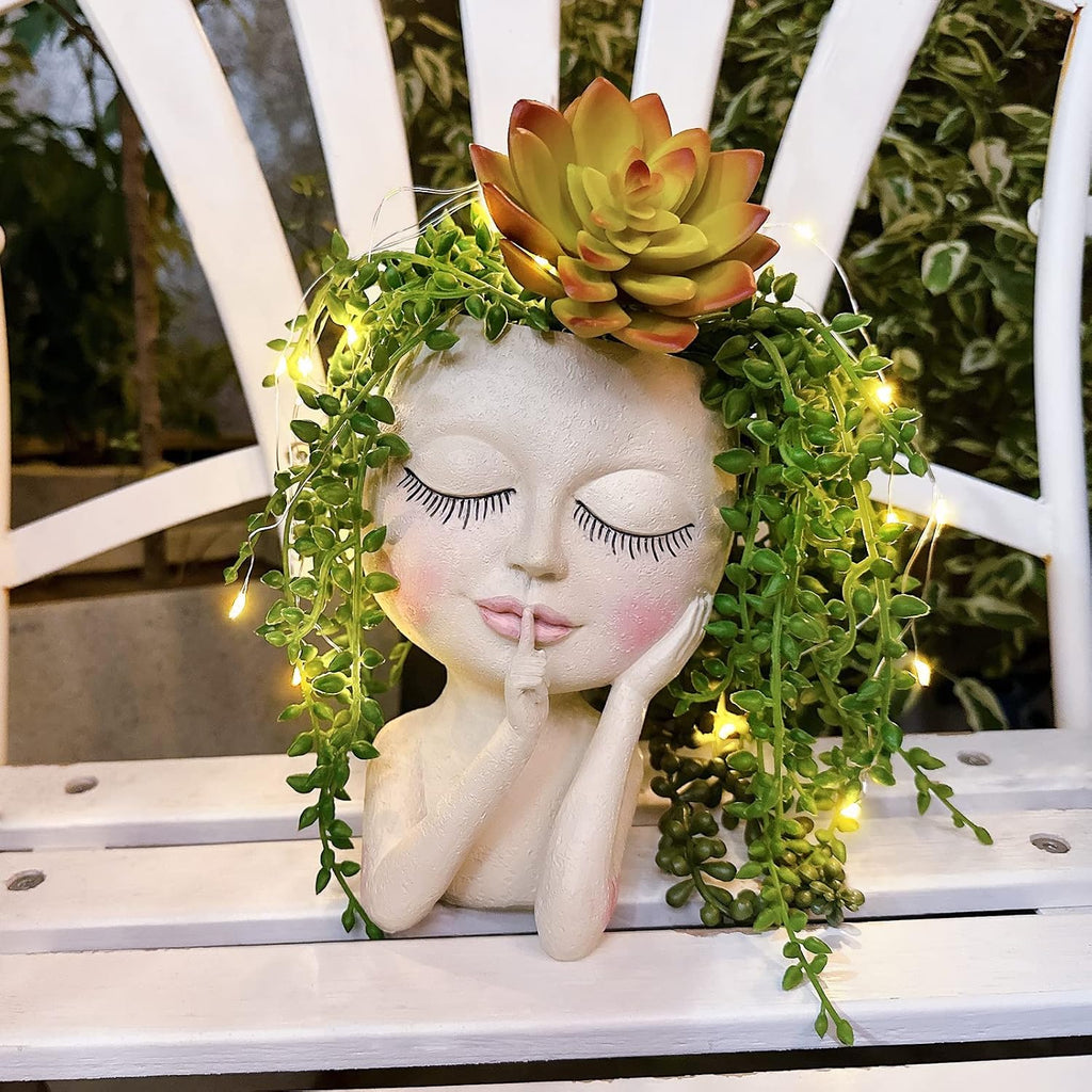 Cute Face Head Planter Pot With Solar Led String Lights & Drainage Hole | Warterproof, Long Lasting Resin Material