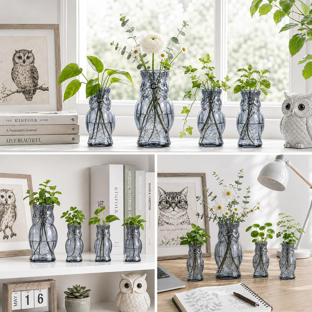 Owl Plant Propagation Station: Set of 4 Cute Grey Glass Vases | Small Plant Terrarium for Hydroponics, Home Office