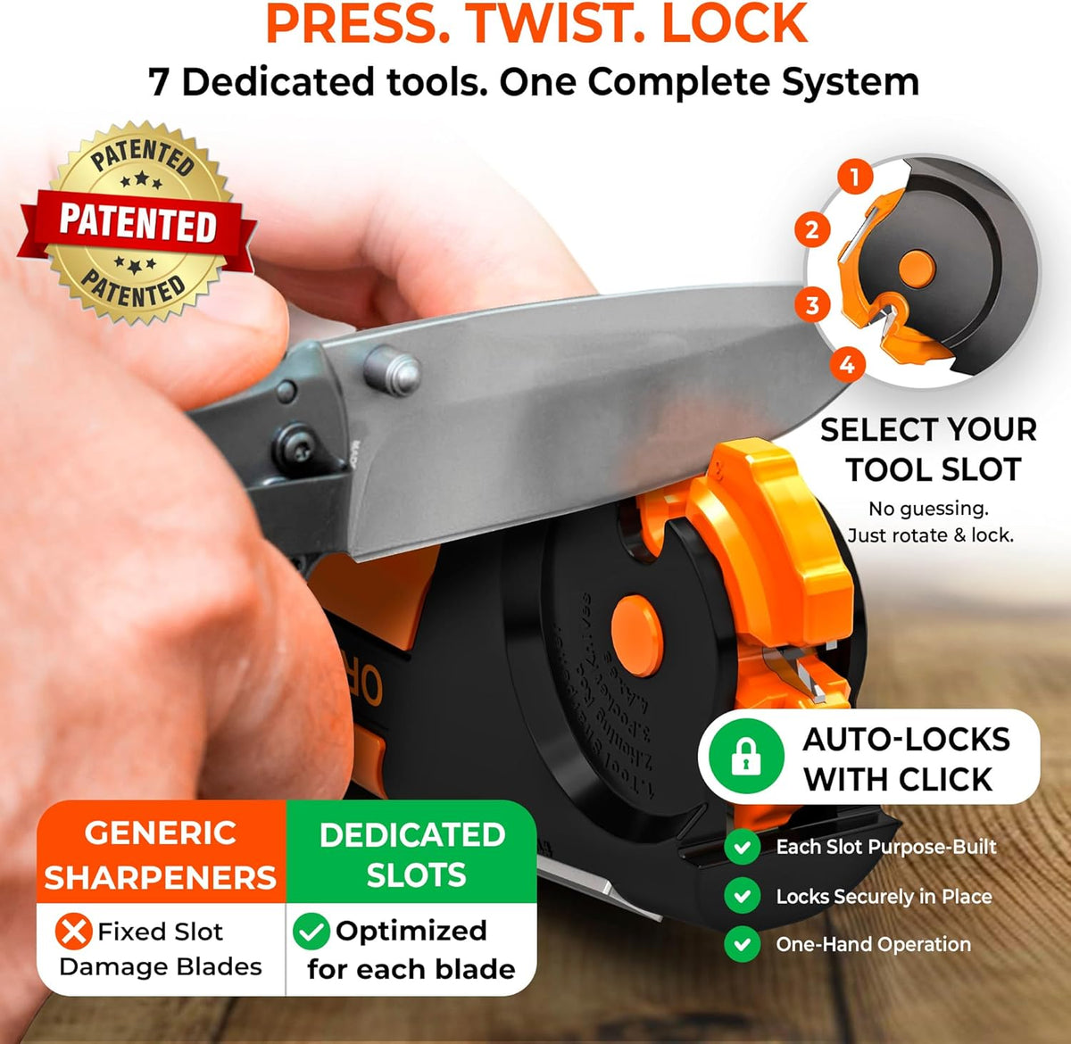 Orange Ninja 7-in-1 Garden Tool & Knife Sharpener- One Tool for Every Blade | Sharpens Axes, Hatchets, Machetes