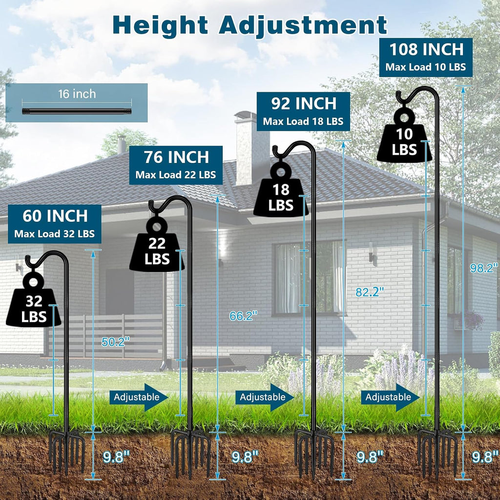 Gtongoko Adjustable Shepherds Hooks for Outdoor 76 Inch Bird Feeder Pole with 7 Prongs Base, 3/4 Inch Thick Heavy Duty