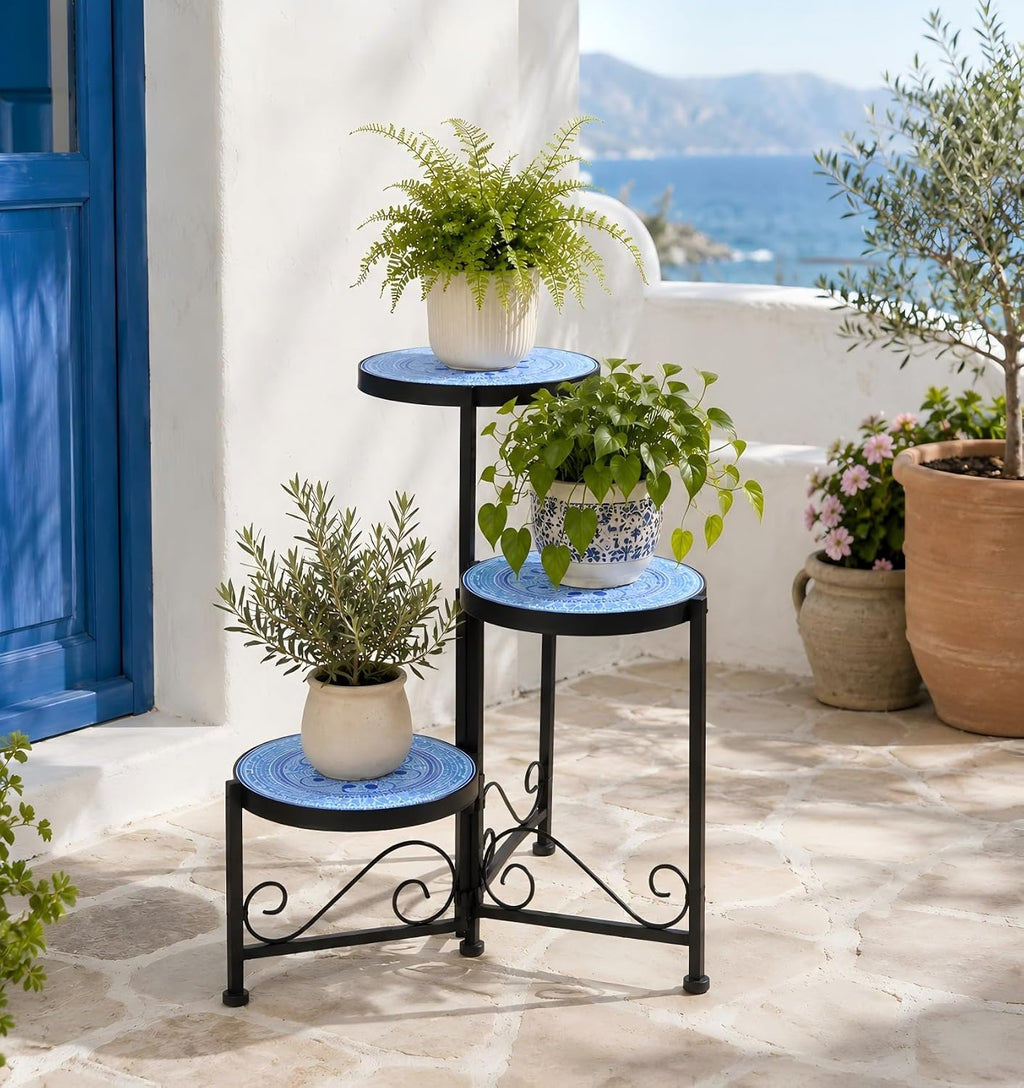 3 Tier Mosaic Ceramic Top Plant Stand, Foldable Flower Pot Holder | Wrought Iron No Assembly Required Space Saving
