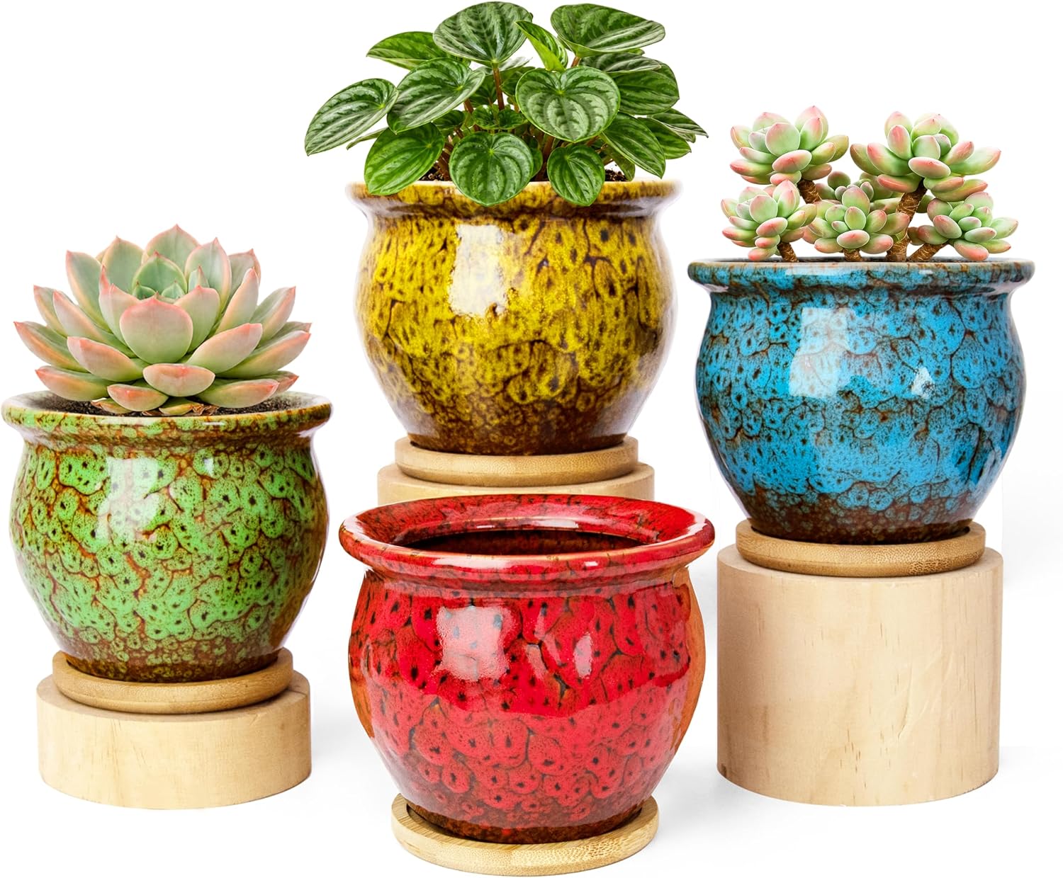 ARTKETTY Succulent Pots, 4.5'' Small Plant Pots with Drainage Tray | Glazed Flower Pots Set of 4, Ceramic Pots for