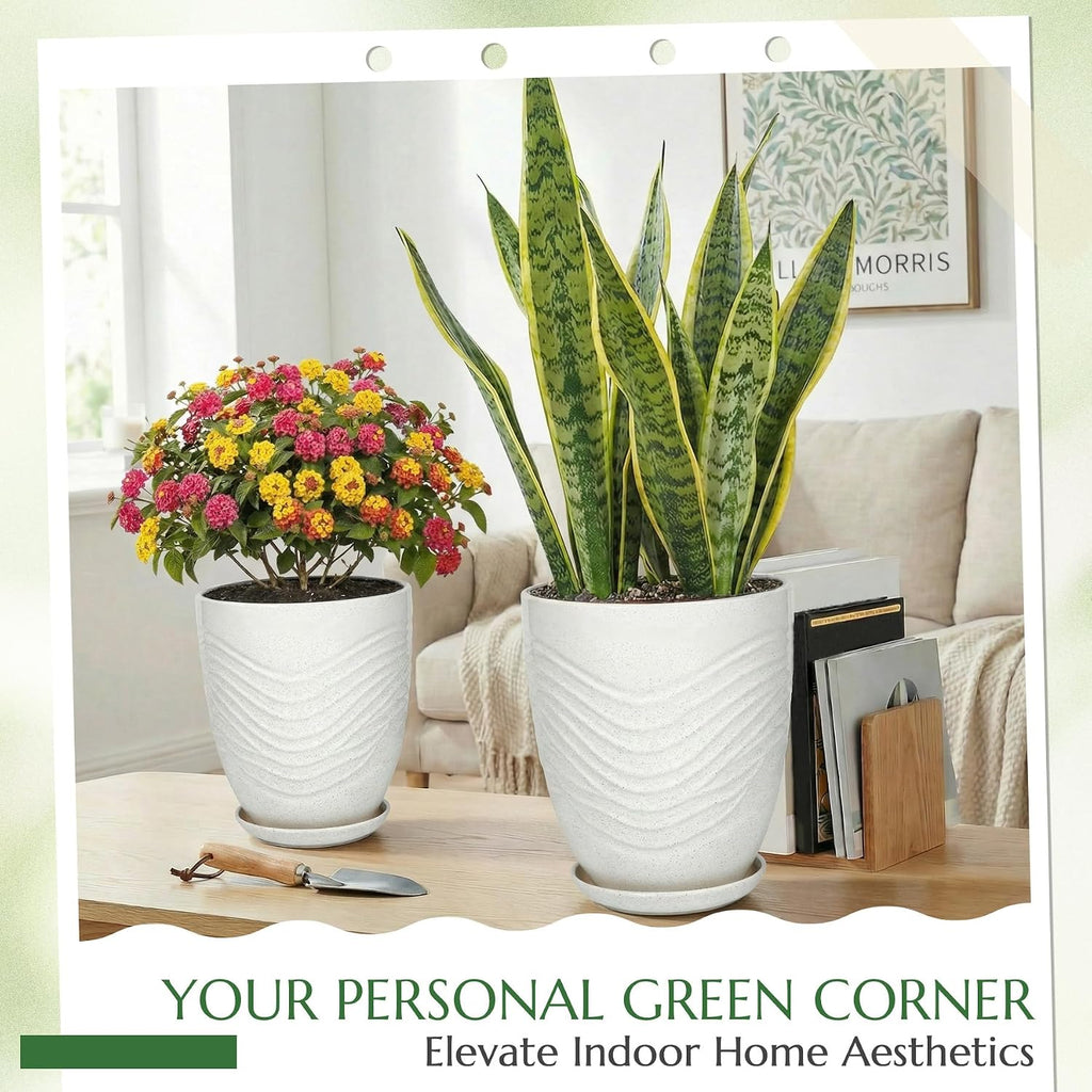 9.5 Inch Flower Pots for Indoor Plants,Ceramic Planter with Saucer Drainage Leak-Proof Mesh Gardening Gloves