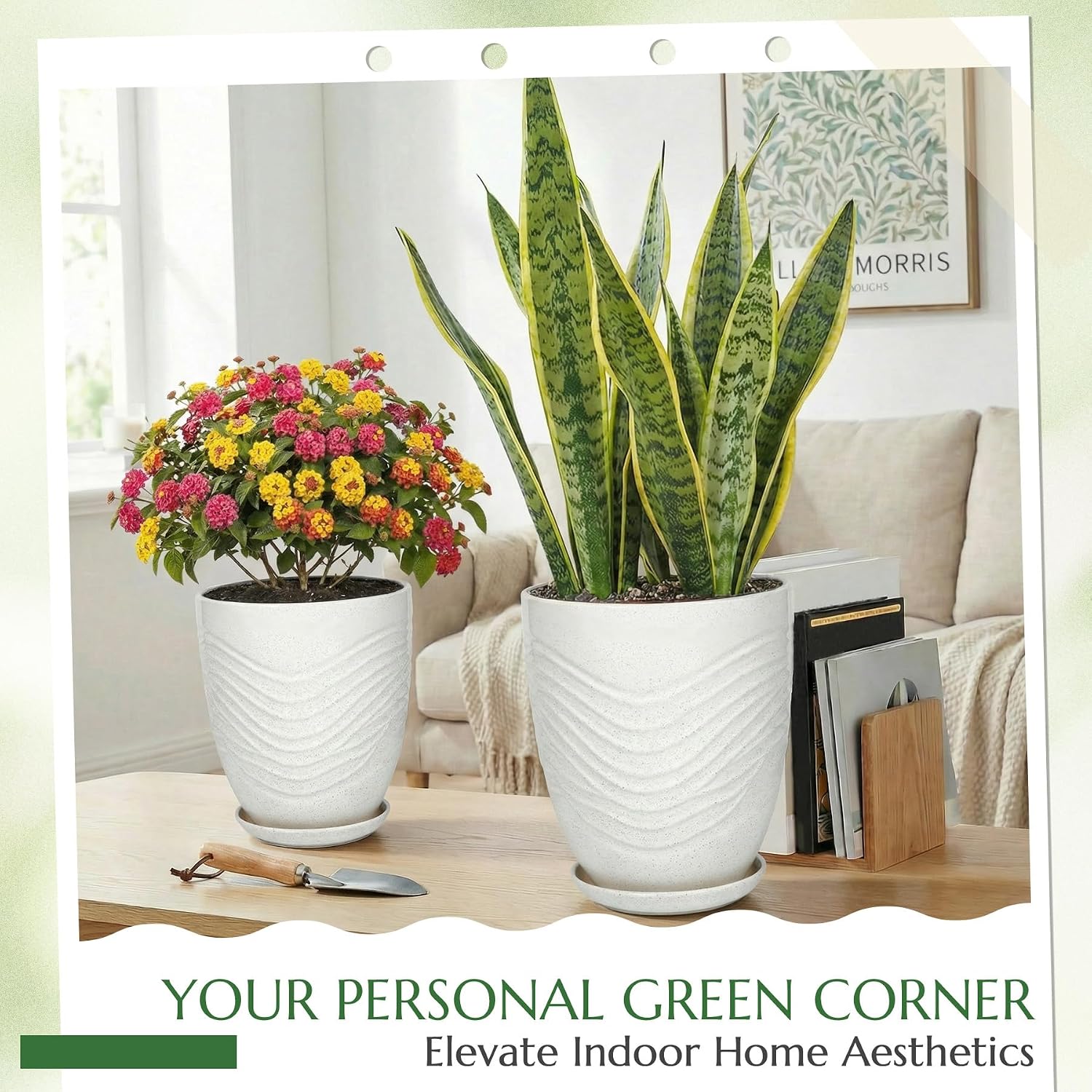 9.5 Inch Flower Pots for Indoor Plants,Ceramic Planter with Saucer Drainage Leak-Proof Mesh Gardening Gloves