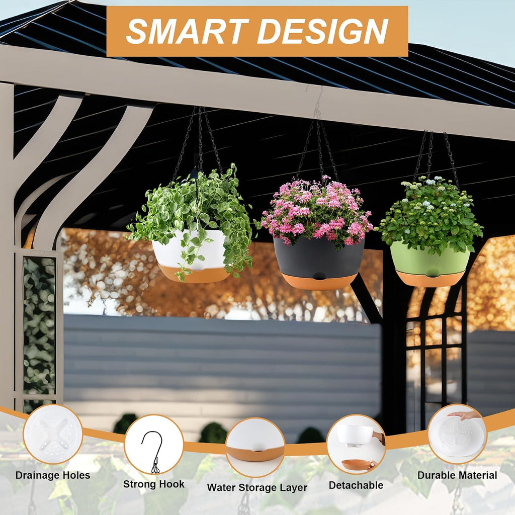 KPUVX 10 inch Hanging Planters Self Watering Pots, 3 Pack, White | For Indoor Plants, Plastic Hanging Basket, Removable