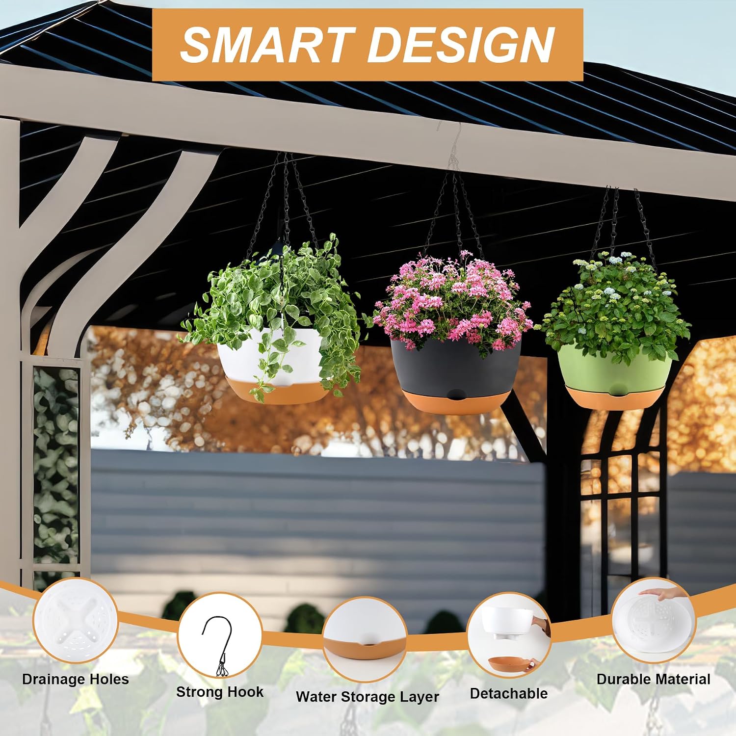 KPUVX 10 inch Hanging Planters Self Watering Pots, 3 Pack, White | For Indoor Plants, Plastic Hanging Basket, Removable