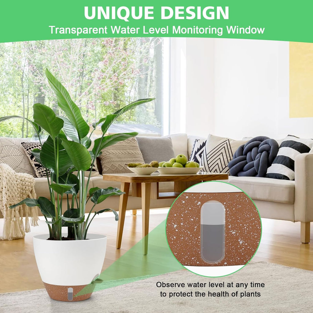 Self Watering Planter with Visual Water Level, 6Pack Small Plastic Pot Set with Drainage Holes and Reservoir Saucers