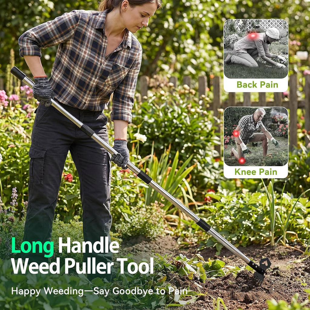 60" Weed Puller Tool with Long Handle, 2-in-1 Weed Rake & Garden Hoe, Stand Up Weeding Tools Gardening, Heavy Duty