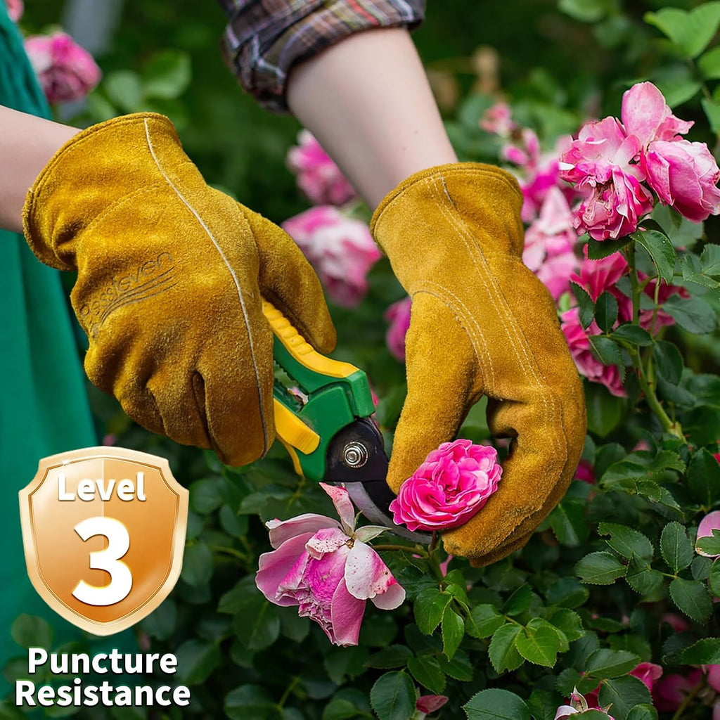Leather Gardening Gloves for Men Women: Thorn Proof Cowhide Work Gloves | Garden Gloves for Yard Work, Reinforced Palm