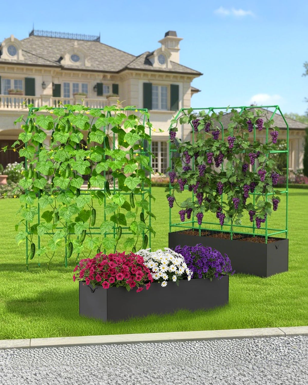Cucumber Trellis with Grow Bag for Raised Bed, A-Shape Garden Trellis for Climbing Plants Outdoor, Metal Plant Trellis