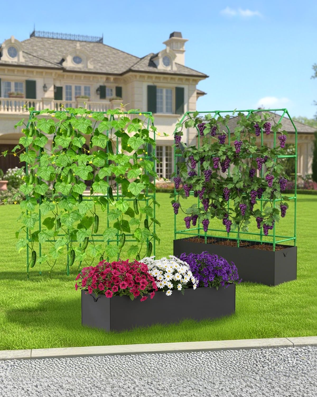 Cucumber Trellis with Grow Bag for Raised Bed, A-Shape Garden Trellis for Climbing Plants Outdoor, Metal Plant Trellis