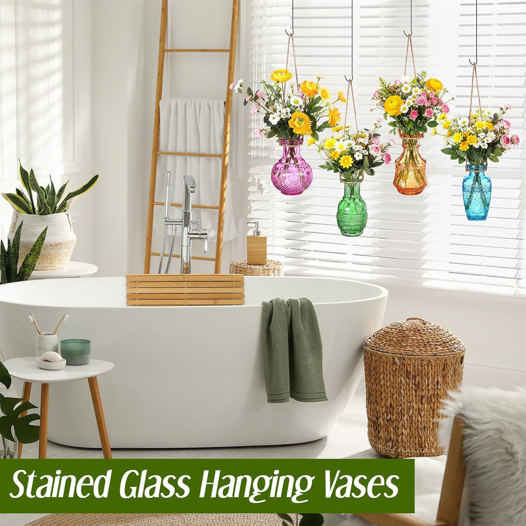 4 Pcs Stained Glass Hanging Vases Hanging Glass Planters Small Plant Terrarium Pot Containers with Rope for Garden Home