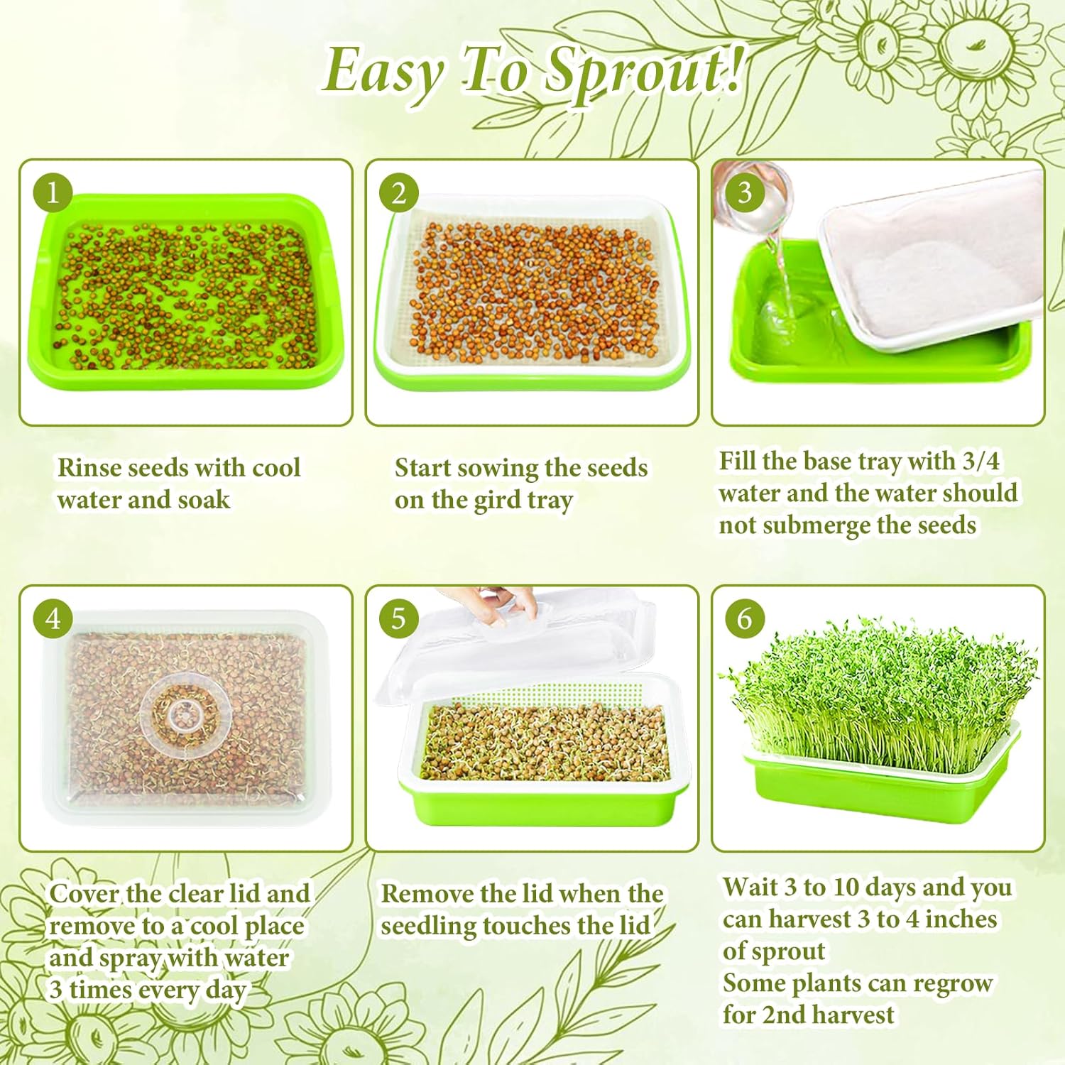 8 Pack Seed Sprouter Trays with Lids- Soil-Free Cultivation Germination Tray, BPA Free Micro Greens Growing Trays Seed