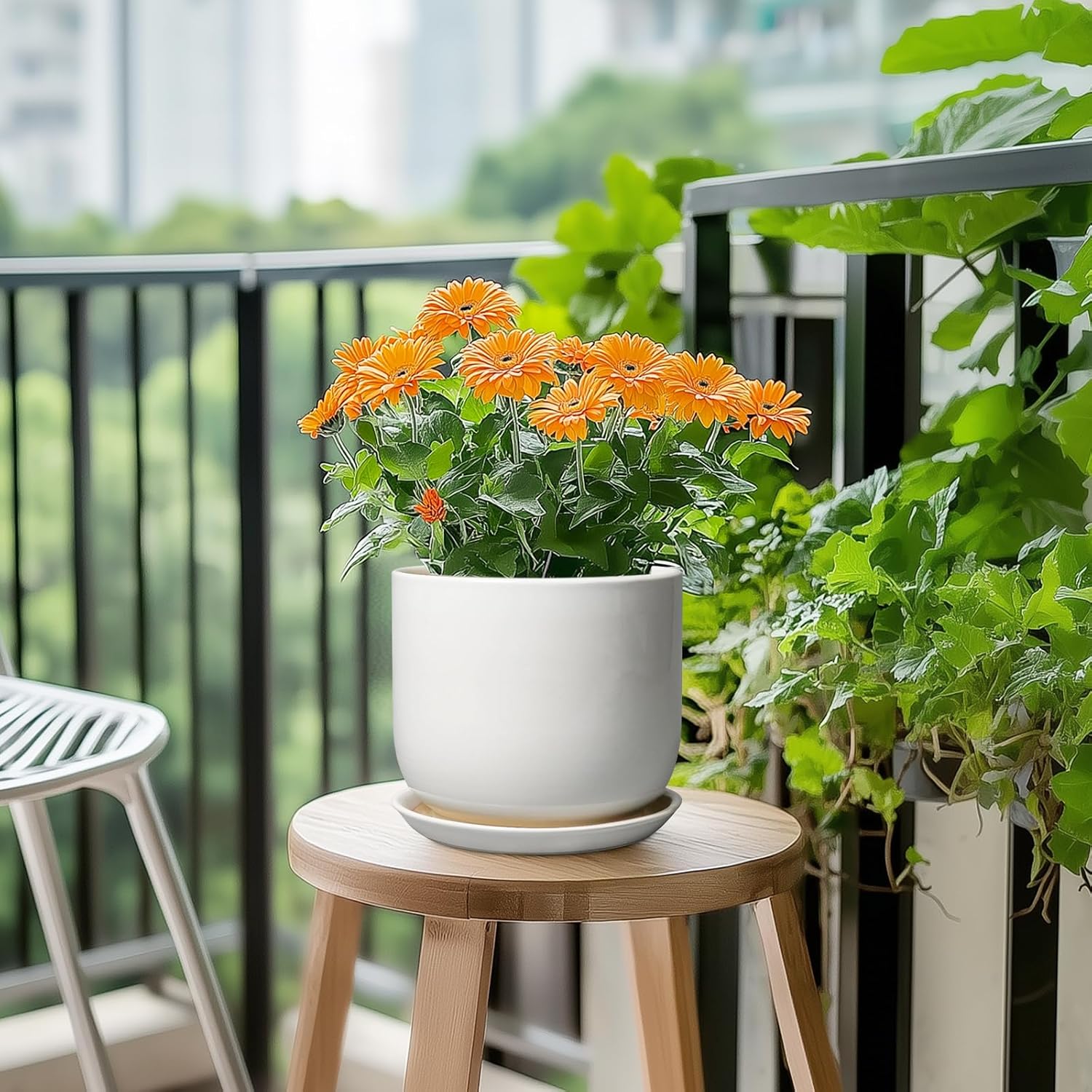 Ceramic Pot for Plants 7 Inch - Modern Round Indoor Outdoor Planter with Drainage Hole and Saucer, Home House Office