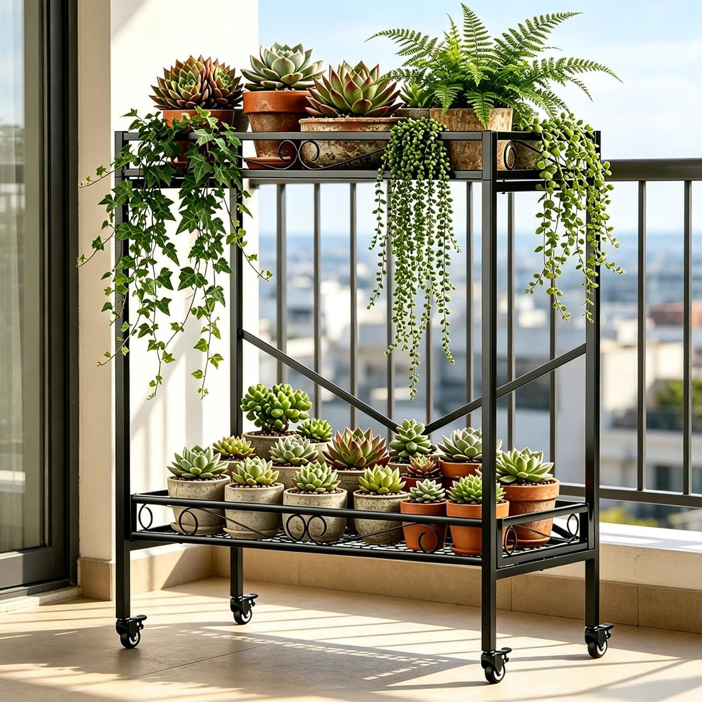 Zhongma 2 Tier Window Height Sturdy Metal Plant Stand with Wheels, 32.7x16x39.4 Inch High, Heavy Duty Succulent Shelf