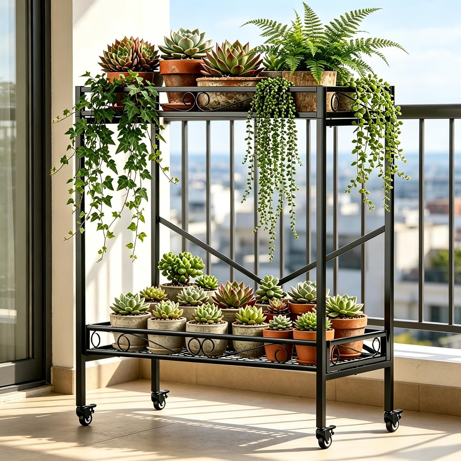Zhongma 2 Tier Window Height Sturdy Metal Plant Stand with Wheels, 32.7x16x39.4 Inch High, Heavy Duty Succulent Shelf