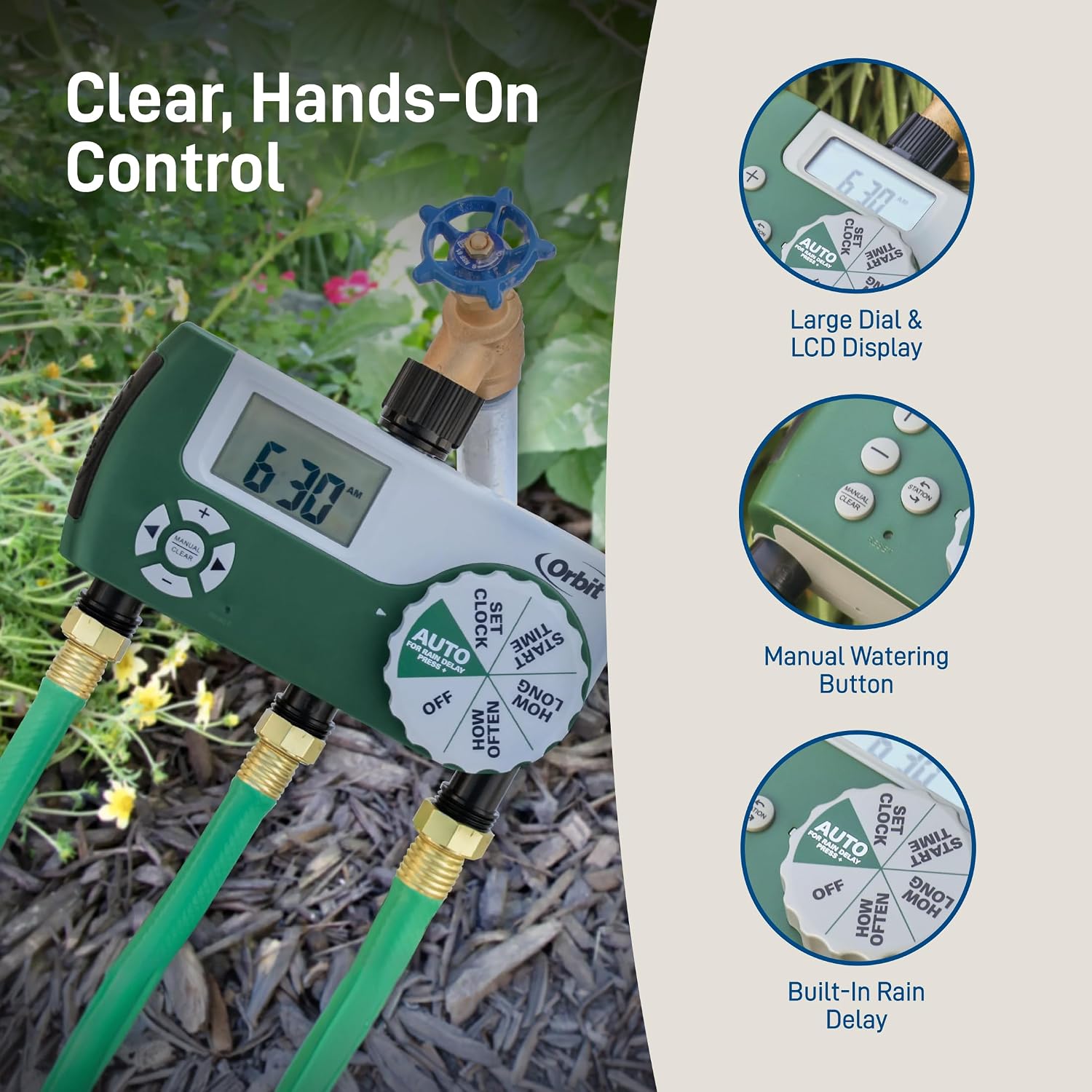 Orbit Programmable Digital Hose Watering Timer - 3 Outlet - Battery Powered - with LCD Screen - Built-in Rain Delay