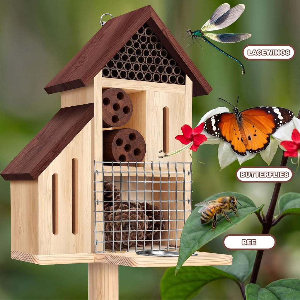 Wooden Insect Hotel Bee Ladybugs Butterfly House Large Natural Mason Bee Lady Bug Hotel with Stake and Feeder for