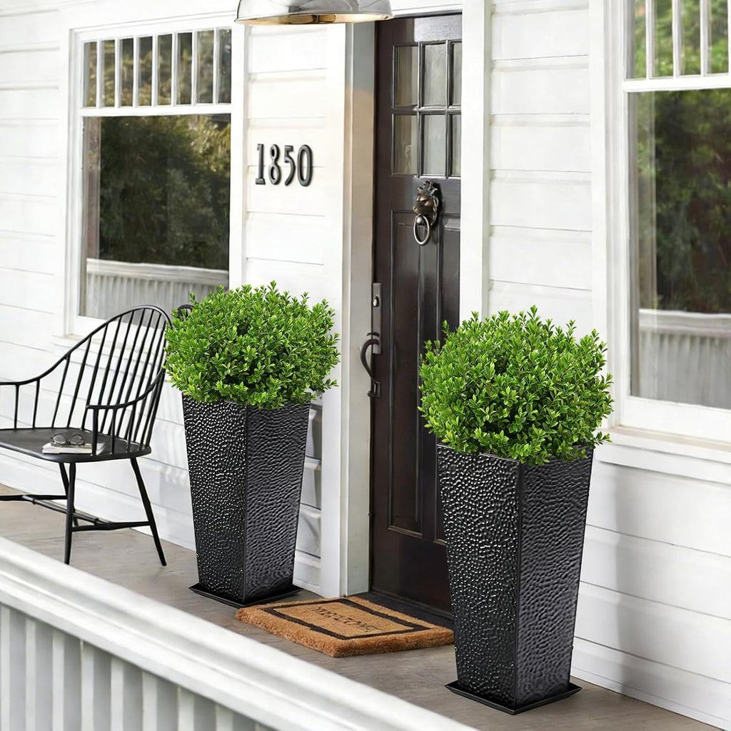 BAYN 2-Pack 24" Tall Metal Planter – Hand-Hammered Textured Large Black Flower Pots Box with Saucer for Outdoor&Indoor