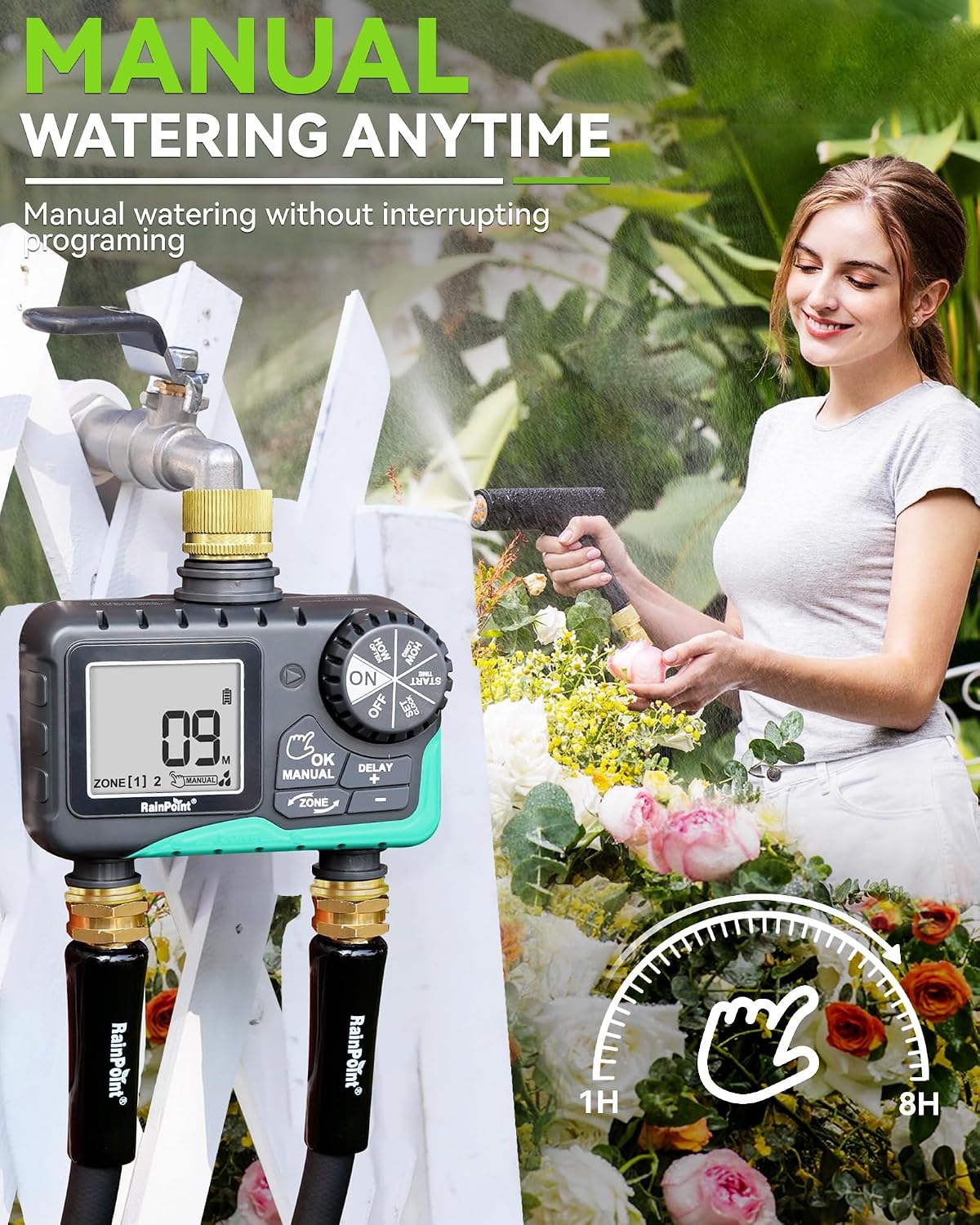 RAINPOINT 2 Zone Sprinkler Timer with Brass Inlet and Outlet - Water Timer for Garden Hose with Rain Delay/Manual