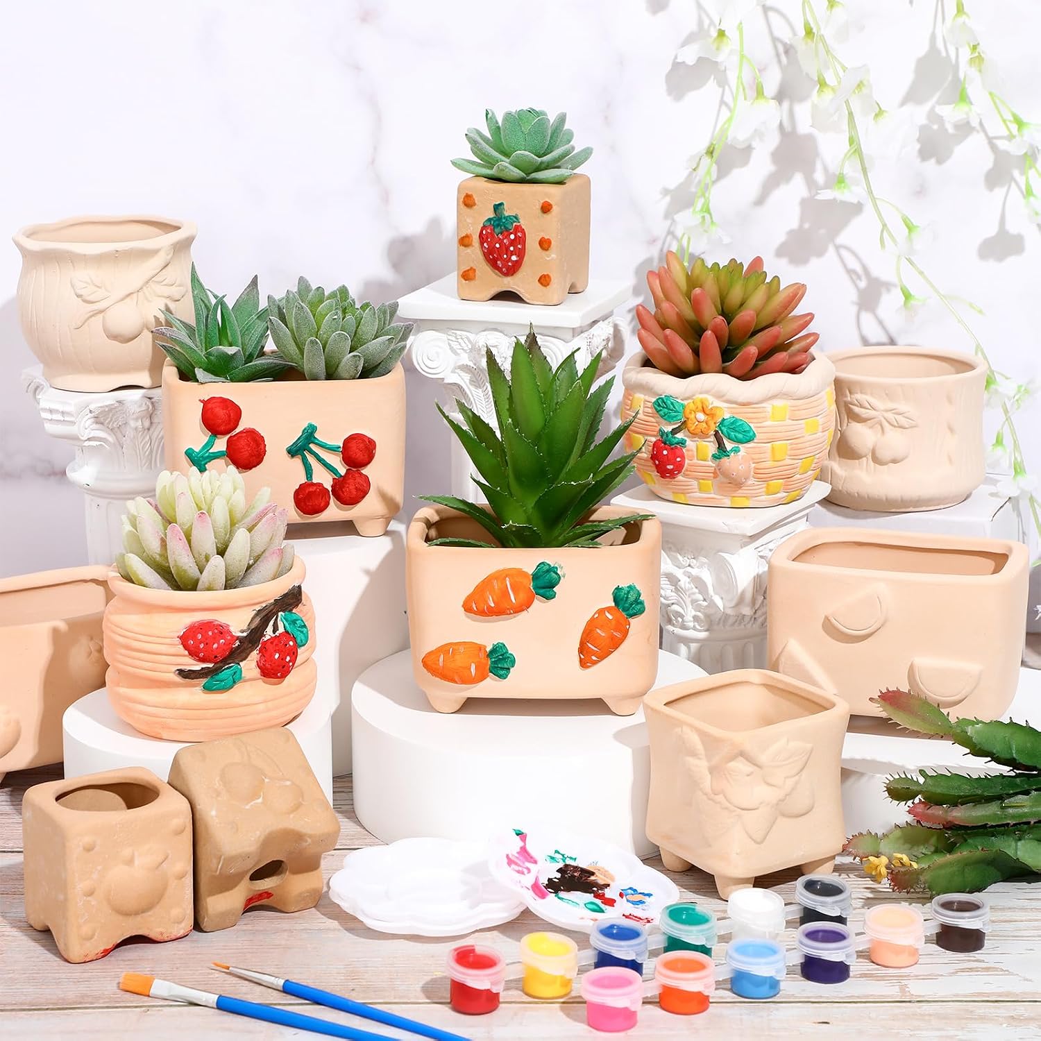 Hushee 12 Sets Ceramic Succulent Pots to Paint with Drainage | Paintable Succulent Plant Pots, 12 Styles, Small DIY