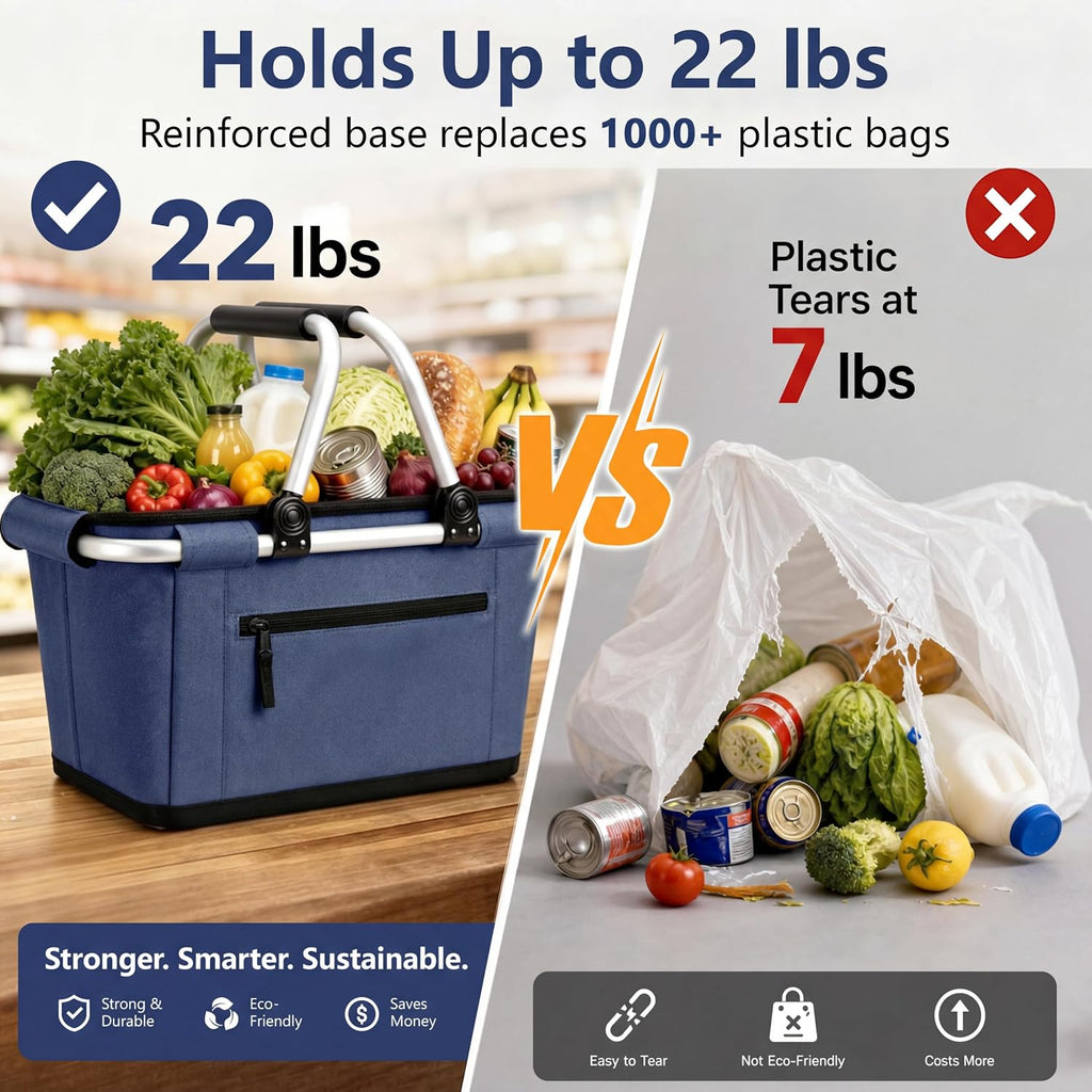 Picnic Basket, SIYUAN Collapsible Shopping Basket with Lid 27L Large Market Basket with Handles Reusable Folding