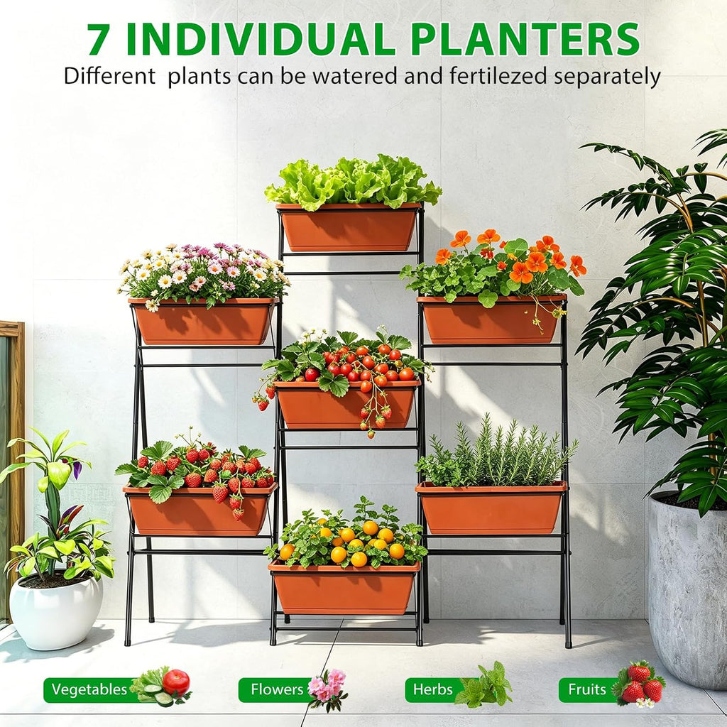 Raised Garden Bed Tiered Vertical Standing Planter Box Outdoor, Red | Metal, 7 Individual Planter Boxes, for
