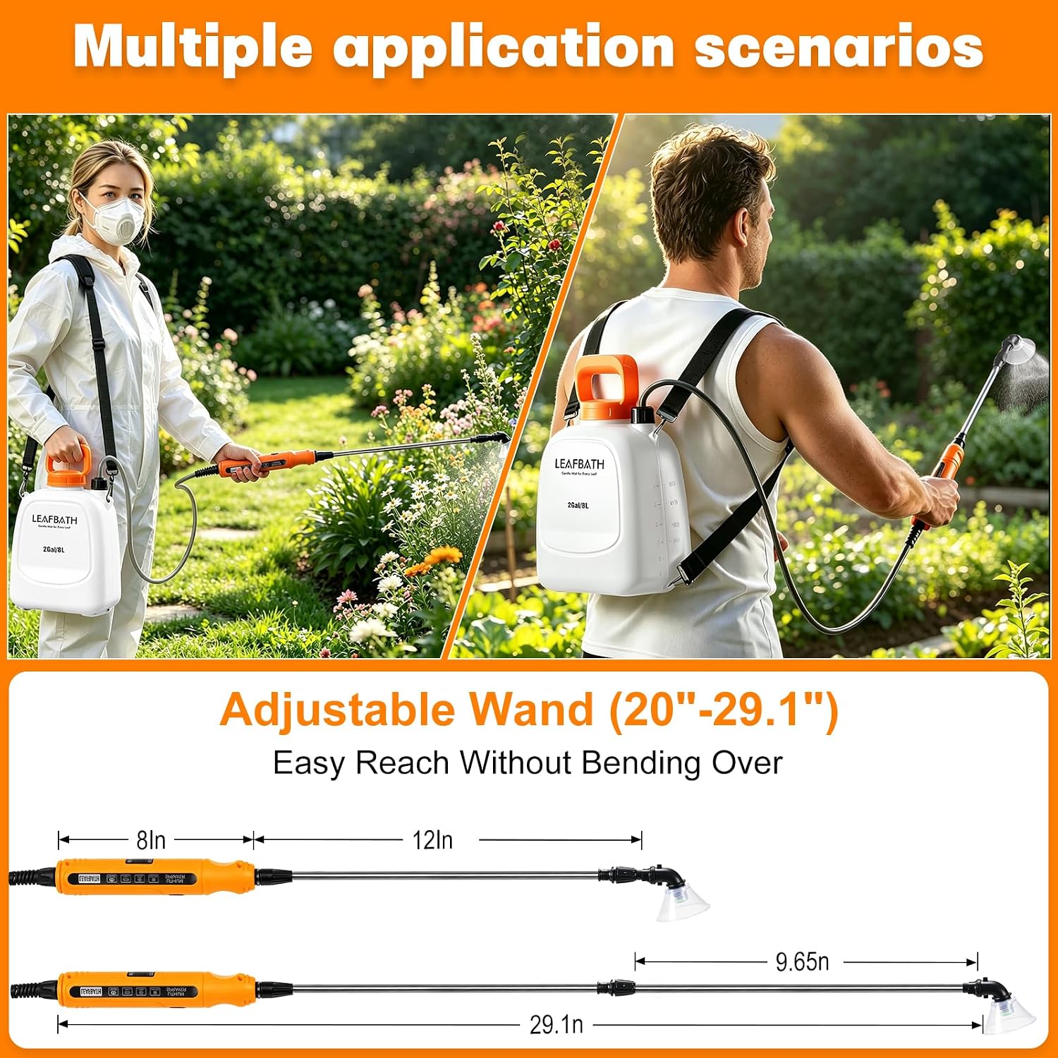 2 Gallon Battery Powered Backpack Sprayer - Rechargeable Electric Garden Sprayer, Comes with an Extra 10FT Hose, 2