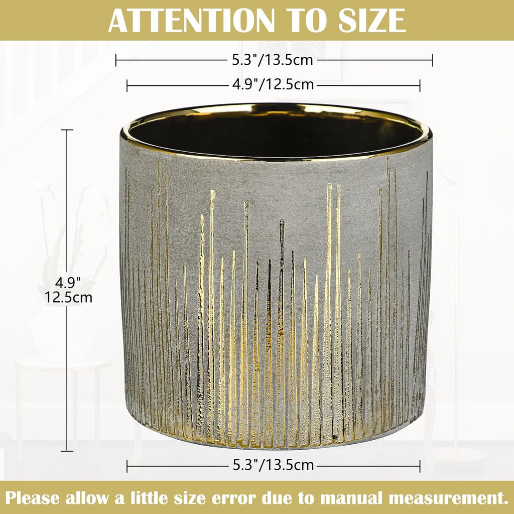 Oairse Small Ceramic Pot for Indoor Plants, 5.3 inch Plant Pot with Drainage Hole Decorative Texture Gold Planter