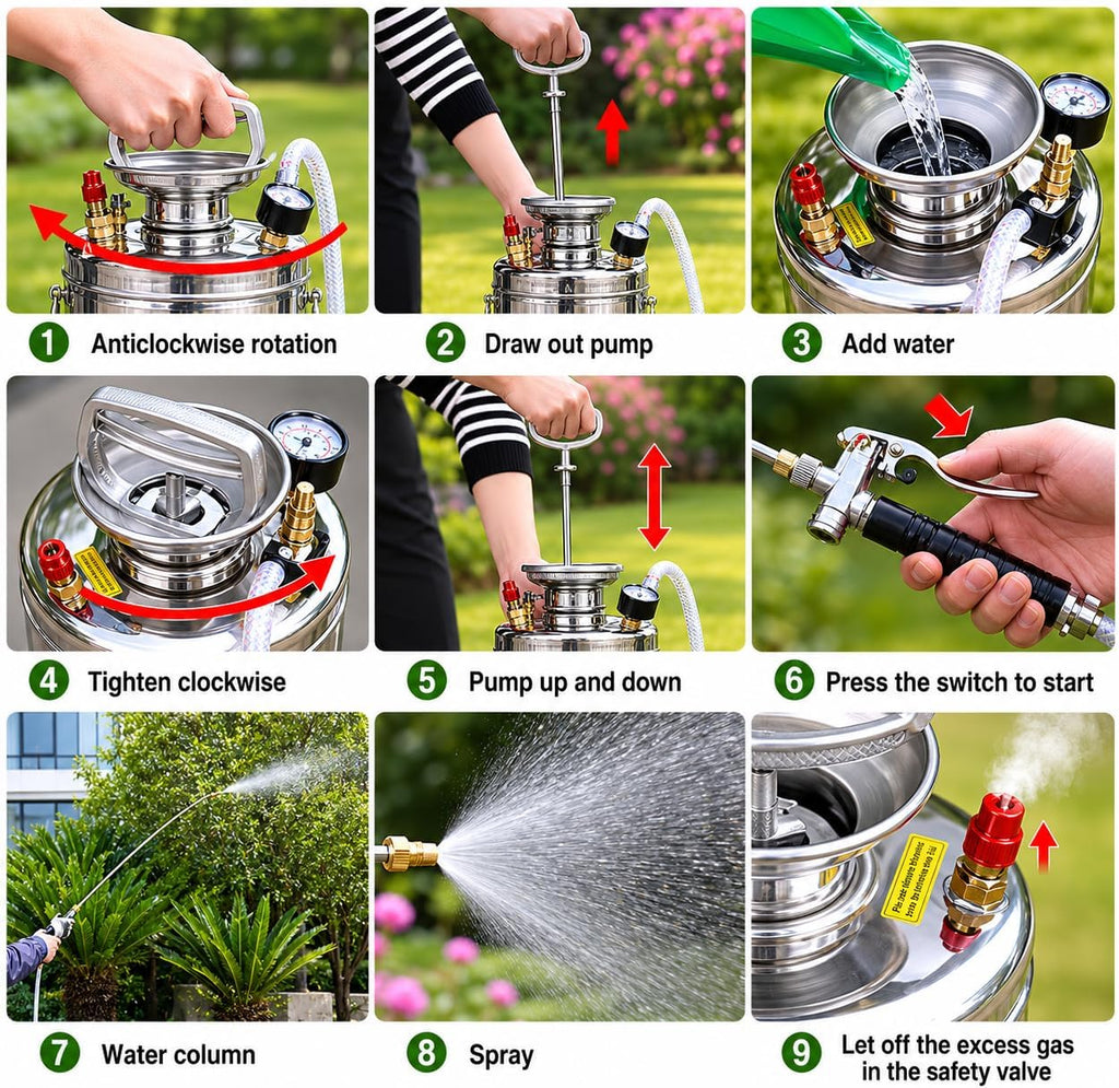 1Gal Stainless Steel Pump Up Sprayer Reinforced Hose, Hand Pump Sprayer with Pressure Gauge&Safety Valve, Adjustable