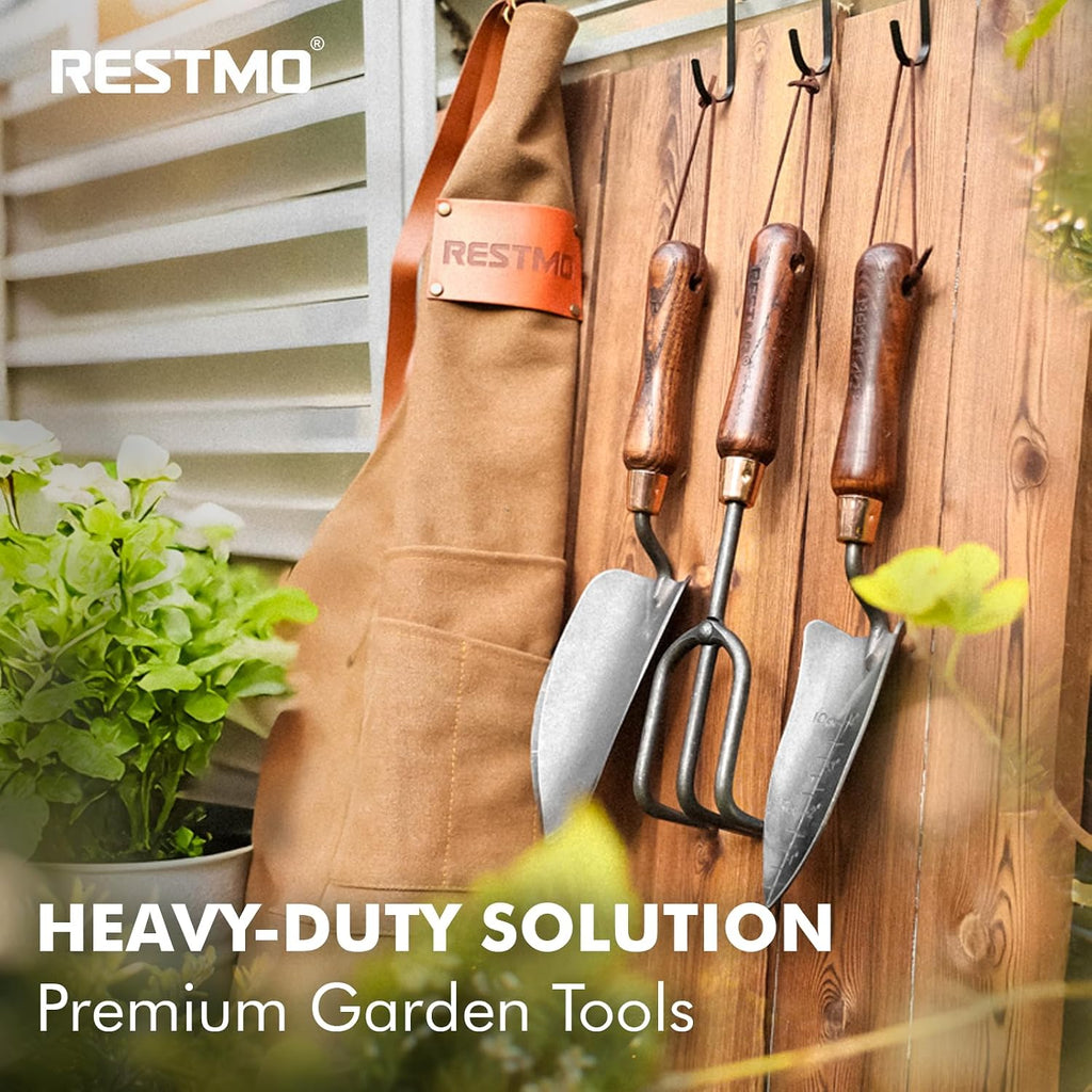 RESTMO Gardening Tools Set, 3-in-1, Carbon Steel, Wooden Handle, Brown | Heavy duty gardening tools kit. Includes