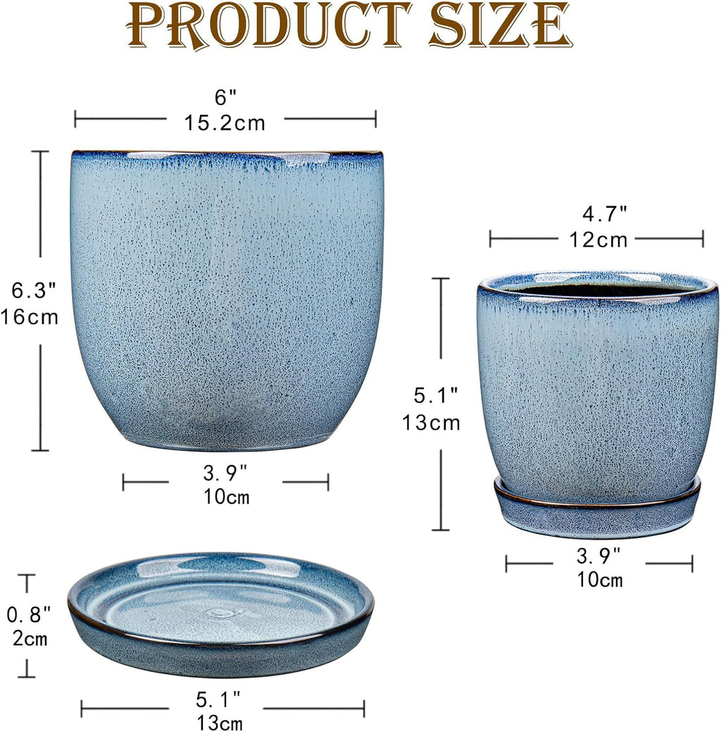 GnFlus Ceramic Plant Pots 6 Inch + 5 Inch Set of 2, Flower Plants Pot with Drainage Holes and Saucers Tray Blue Planter