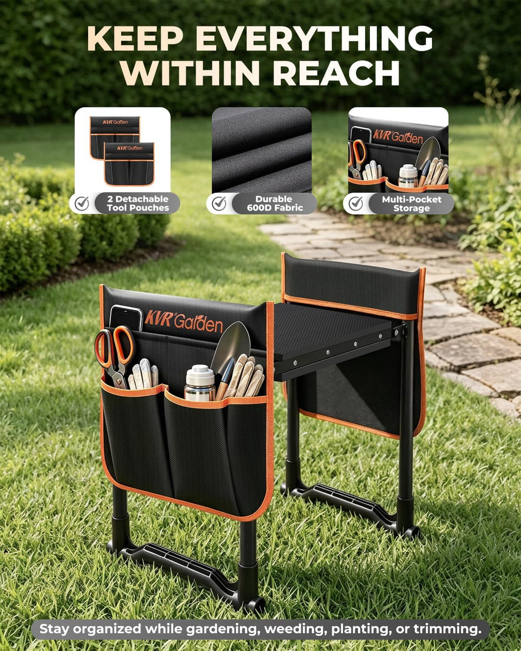 KVR Garden Kneeler and Seat with 2 Tool Pouches, Heavy Duty Foldable Gardening Stool, Portable Bench with Thick EVA