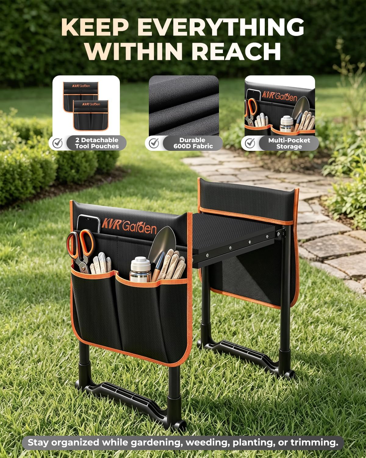 KVR Garden Kneeler and Seat with 2 Tool Pouches, Heavy Duty Foldable Gardening Stool, Portable Bench with Thick EVA