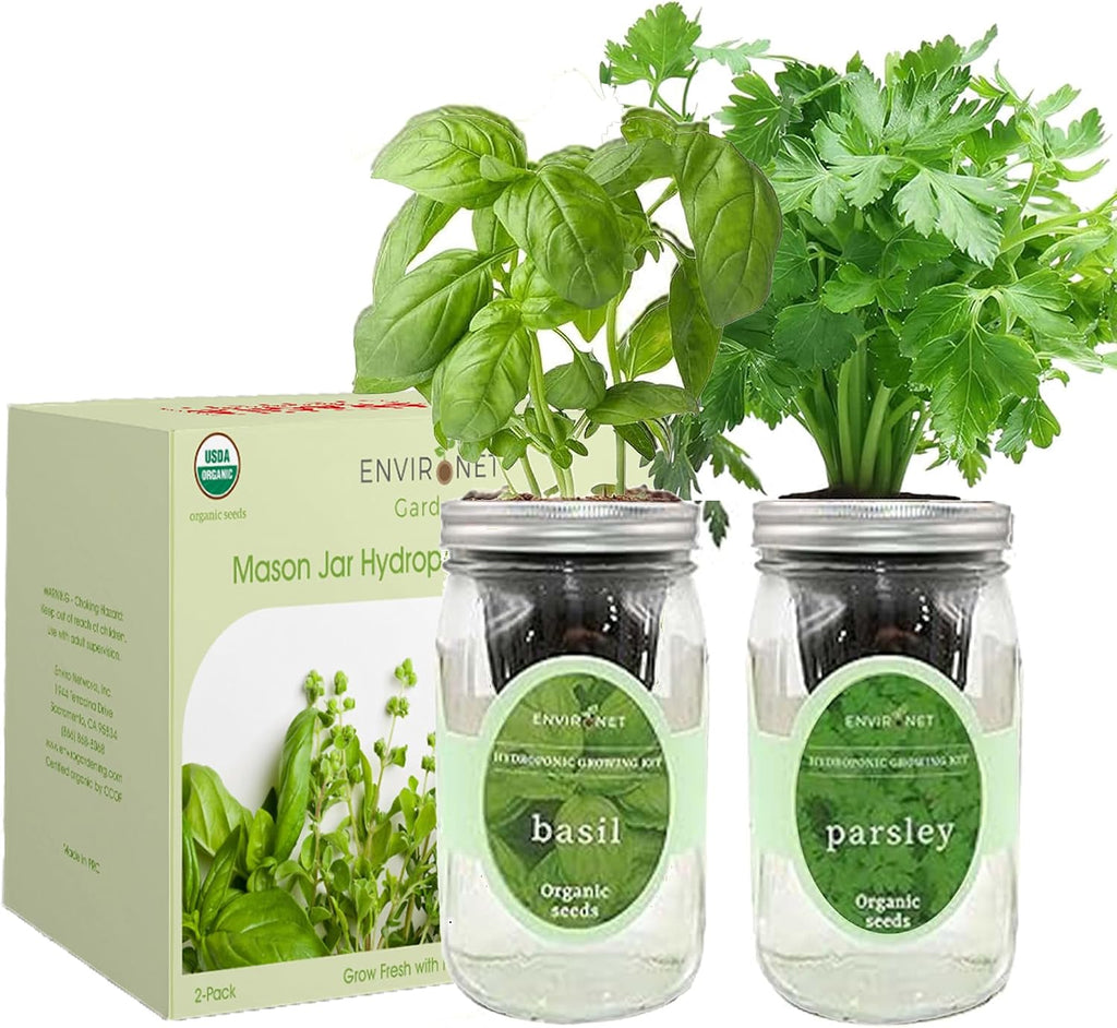 2-Pack Hydroponic Mason Jar Herb Garden Kit, Indoor Herb Garden Self-Watering Starter Kit (Basil, Parsley)