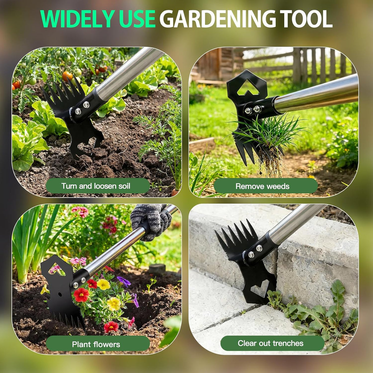 60" Weed Puller Tool with Long Handle, 2-in-1 Weed Rake & Garden Hoe, Stand Up Weeding Tools Gardening, Heavy Duty