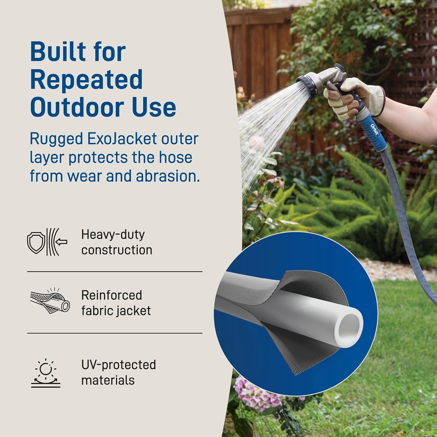 Orbit ExoJacket Fabric Garden Hose - 100 ft x 5/8 in - Heavy-Duty Fabric - Durable ExoJacket Construction - Antikink