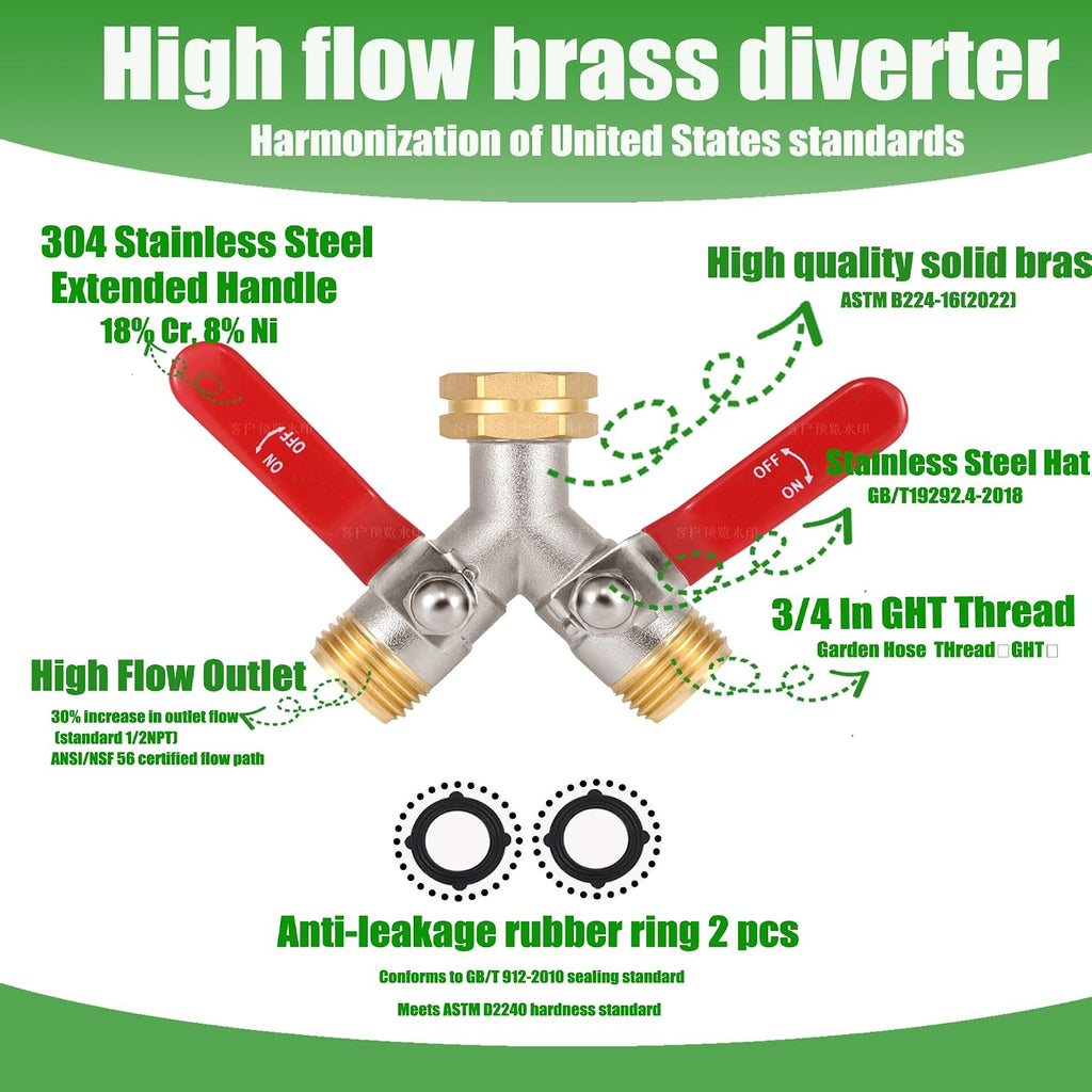 EJW Brass Hose Splitter, High Flow Splitters, Garden Hose Splitter, 2 Way Water Splitter, Faucet Splitter, Heavy Duty