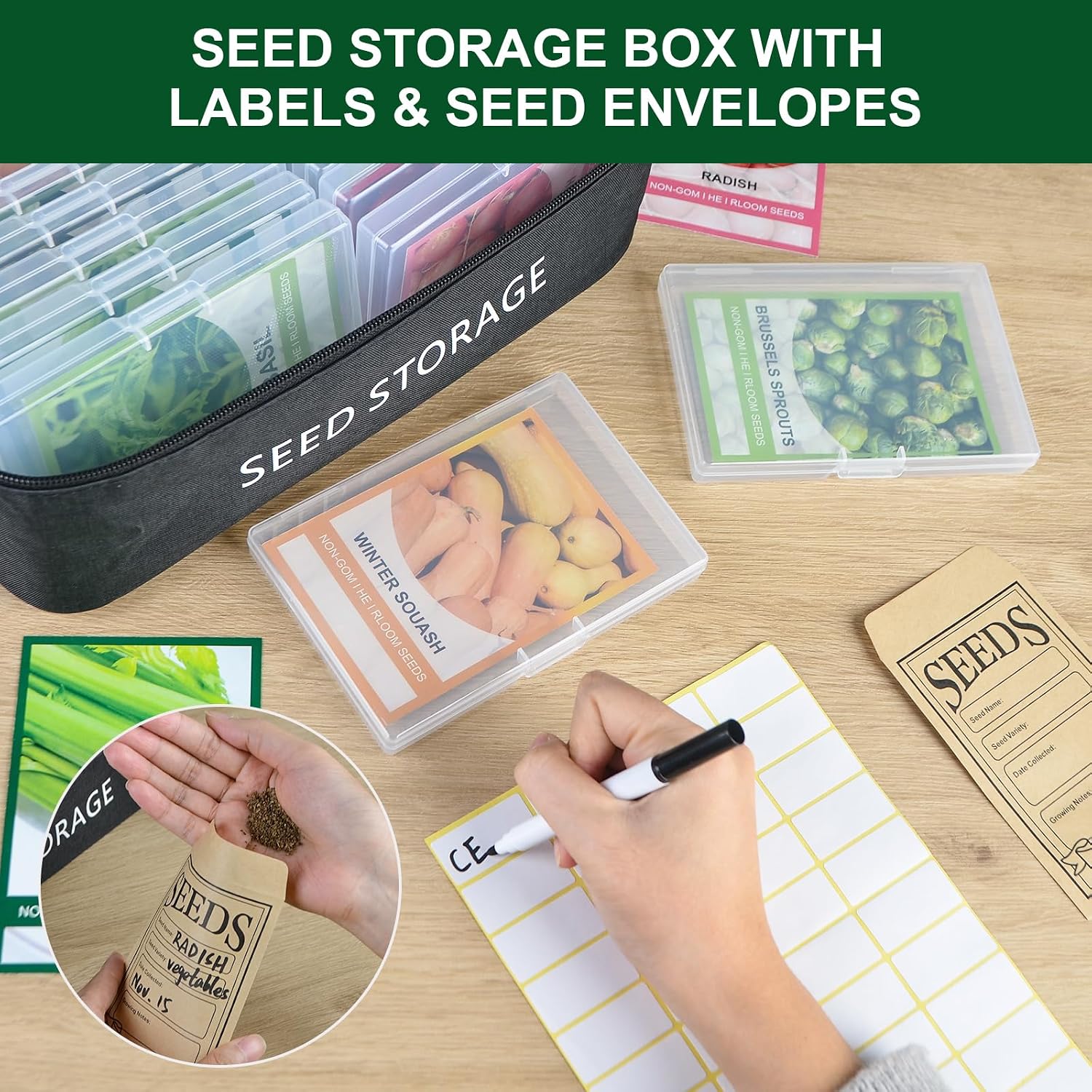 26 Slots Seed Storage Organizer Box with 10 Seed Envelopes, Oxford Cloth Seeds Storage Container with Insulated Bag